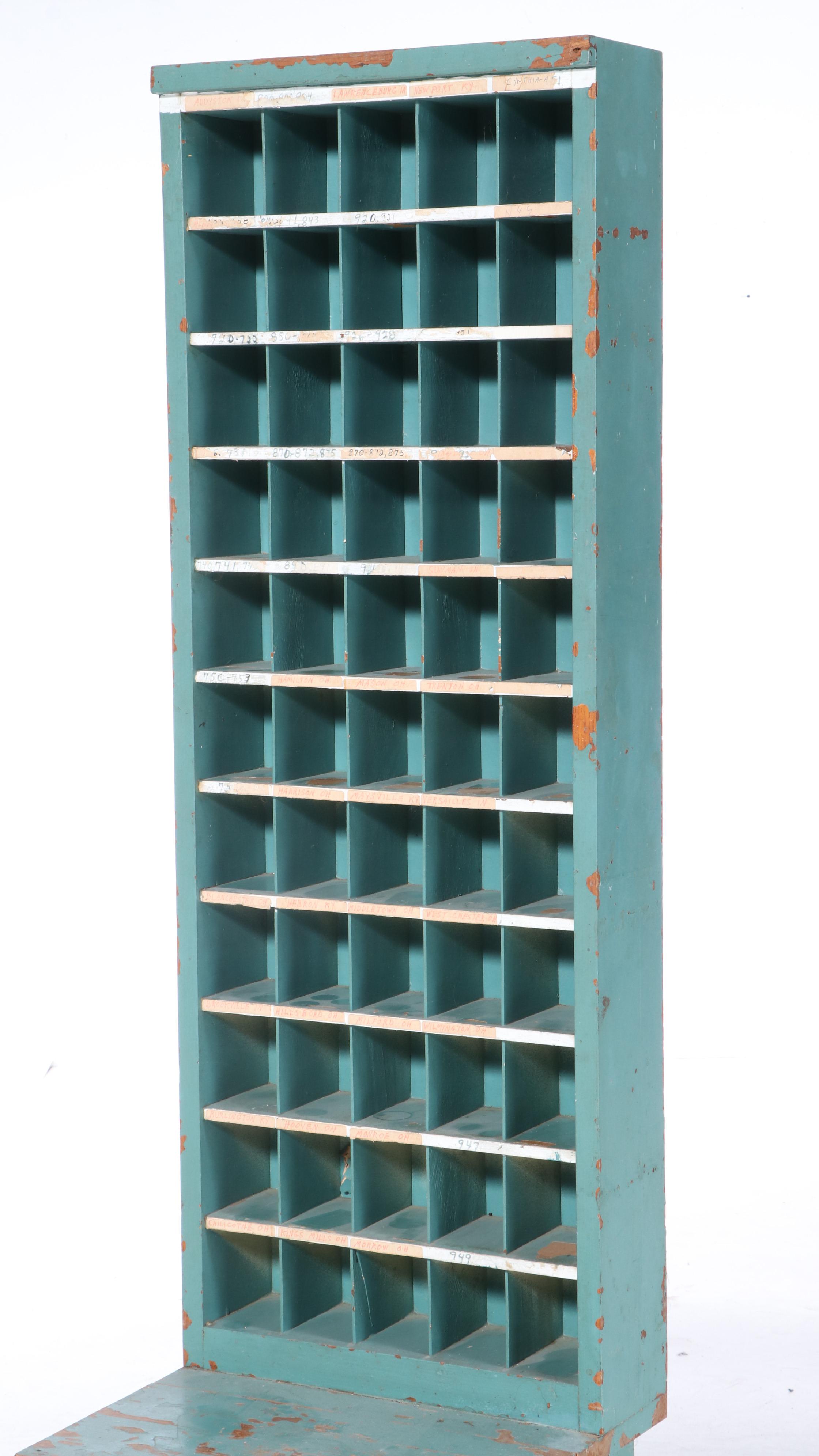Cincinnati Post Office Painted Oak Mail Sorting Cabinet-on-Stand, 20th Century
