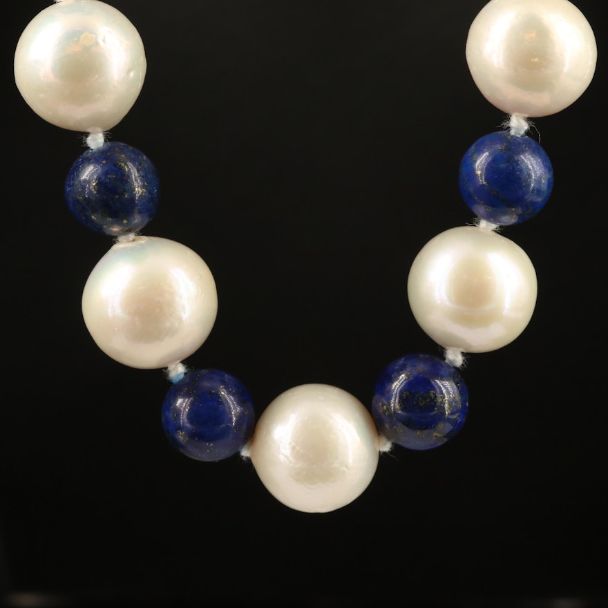 Knotted Pearl and Lapis Lazuli Bead Necklace with Sterling Silver Clasp