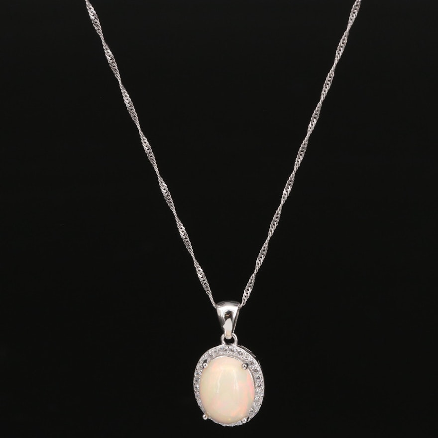 Sterling Opal and Cubic Zirconia Halo Pendant Necklace