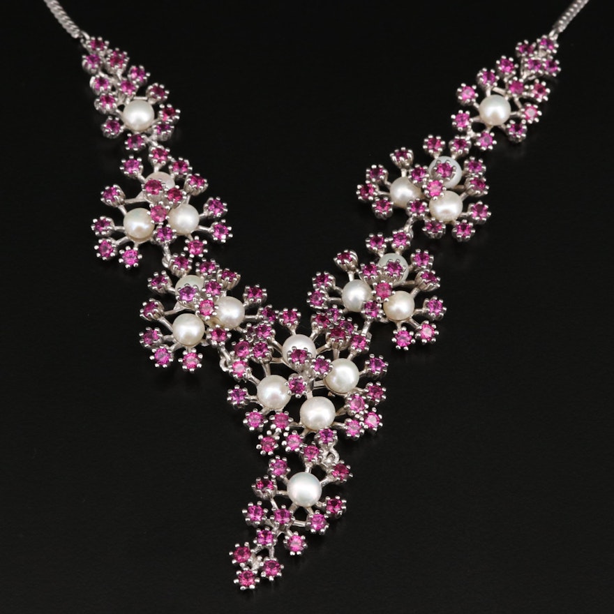 Sterling Silver Pearl and Rhodolite Garnet Floral Cluster Necklace