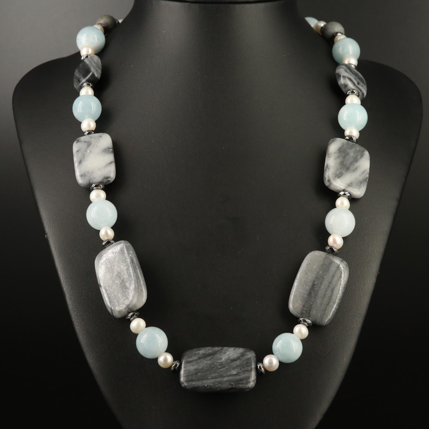 Aquamarine, Pearl and Marble Necklace with Sterling Clasp