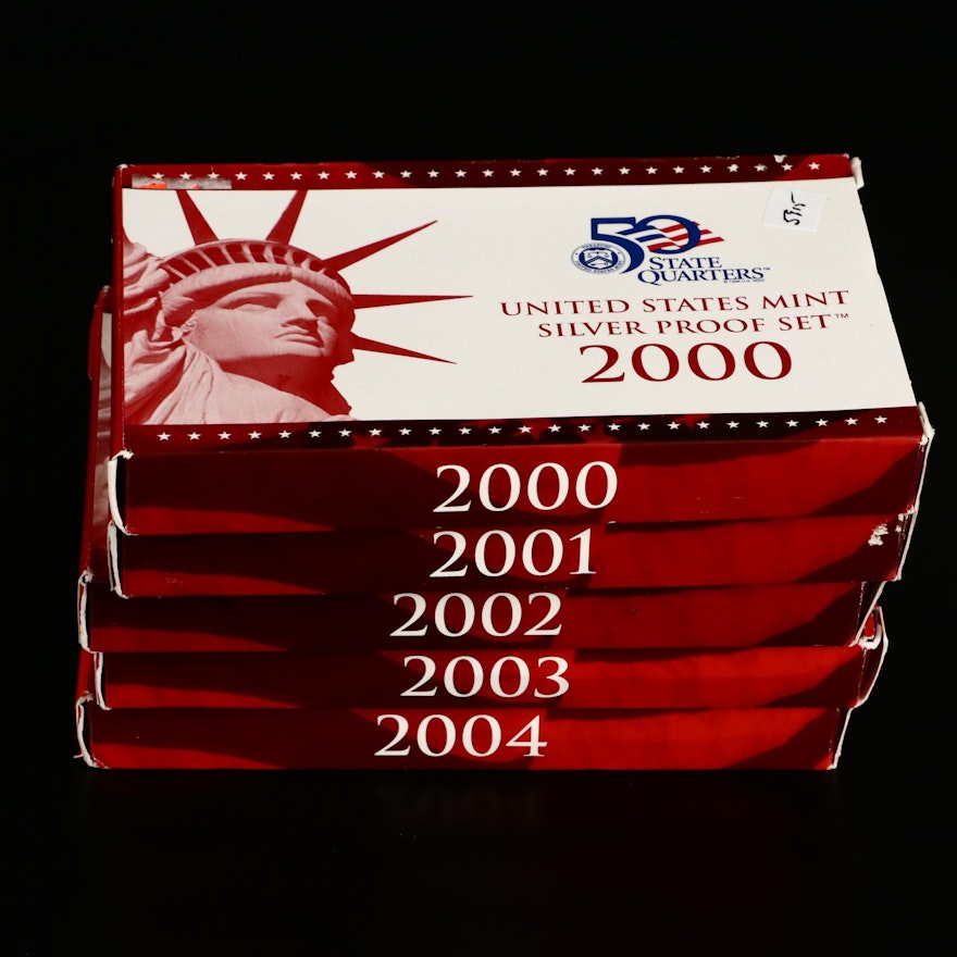 Five US Mint Silver Proof Coin Sets, 2000–2004