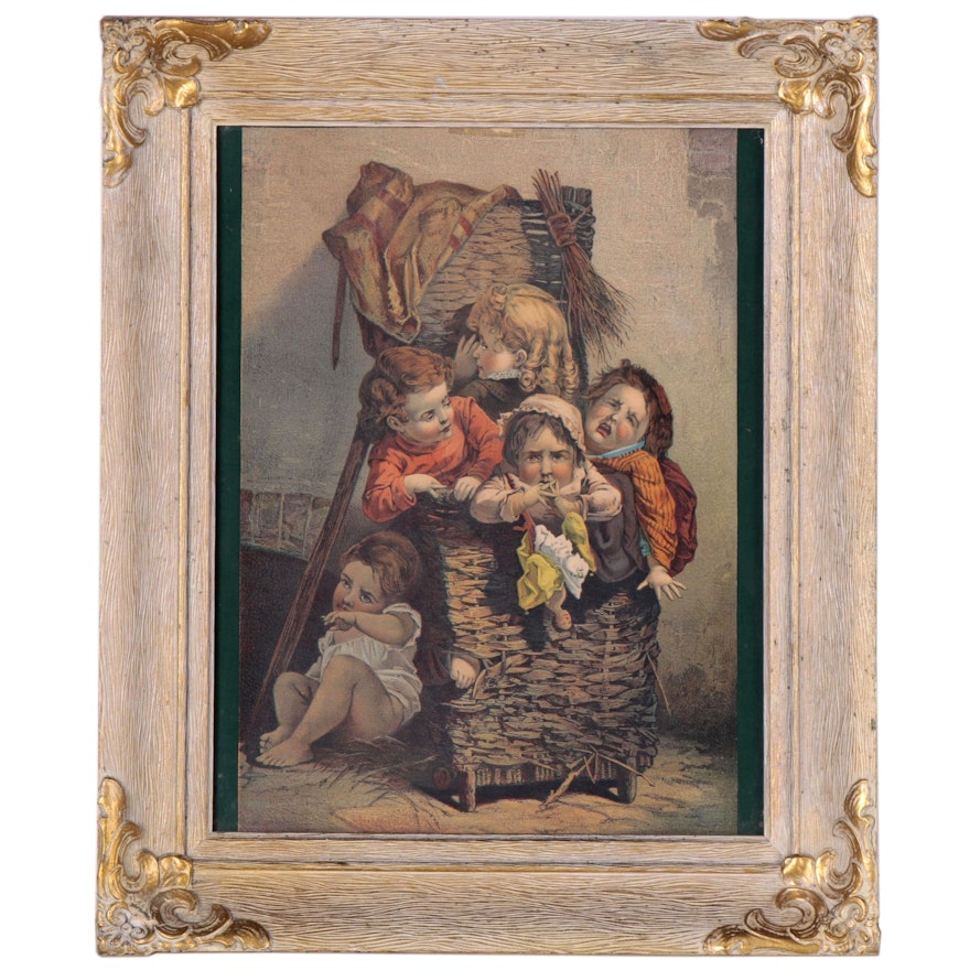 Chromolithograph of Children in Hamper Basket, Early 20th Century