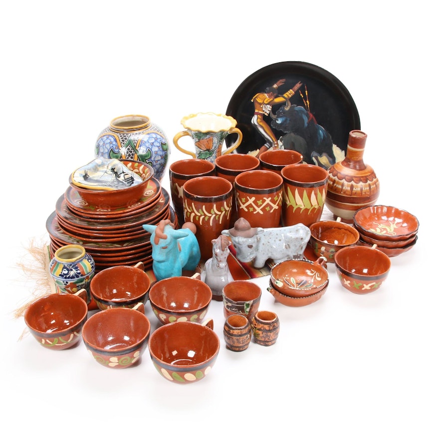 Mexican Hand-Painted Art Pottery, Figurines, and Dinnerware, Mid to Late 20th C.