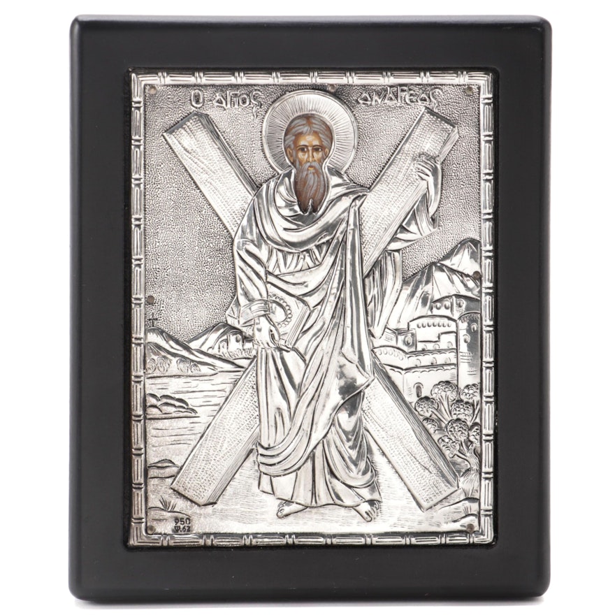 Greek Orthodox Hand-Painted Icon with 950 Silver Riza