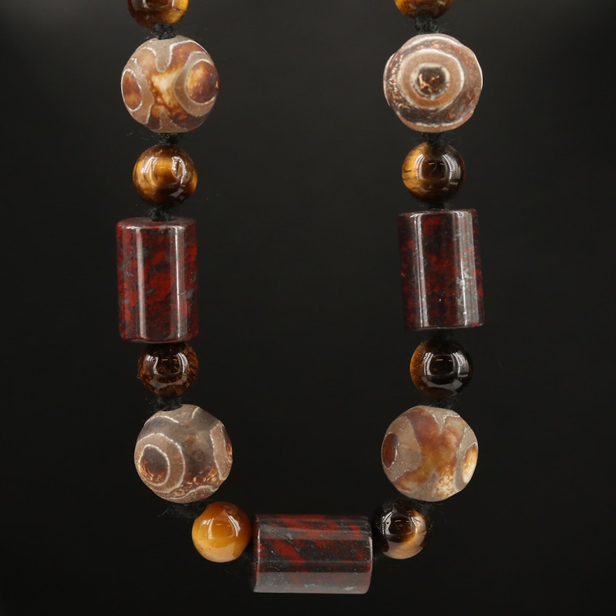 "Picaso" Agate, Tiger's Eye and Jasper Beaded Necklace with Sterling Clasp