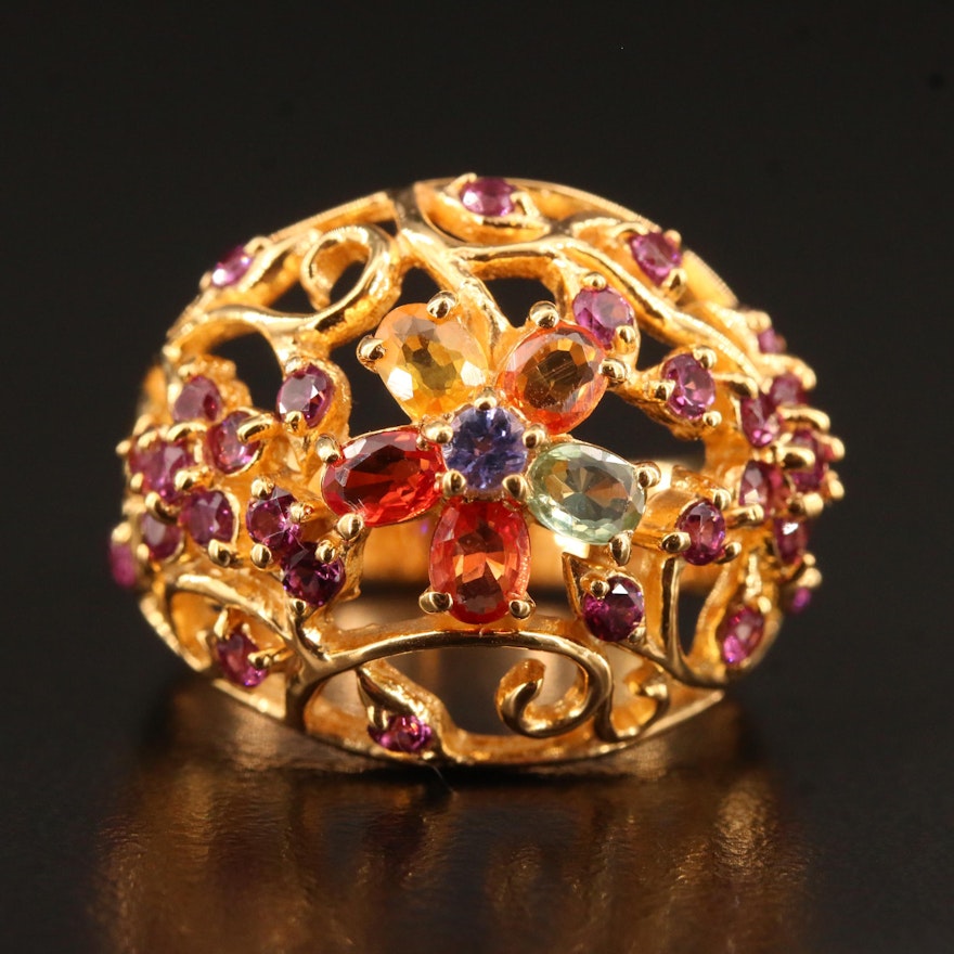 Sterling Tanzanite, Sapphire and Garnet Floral Motif Domed Openwork Ring