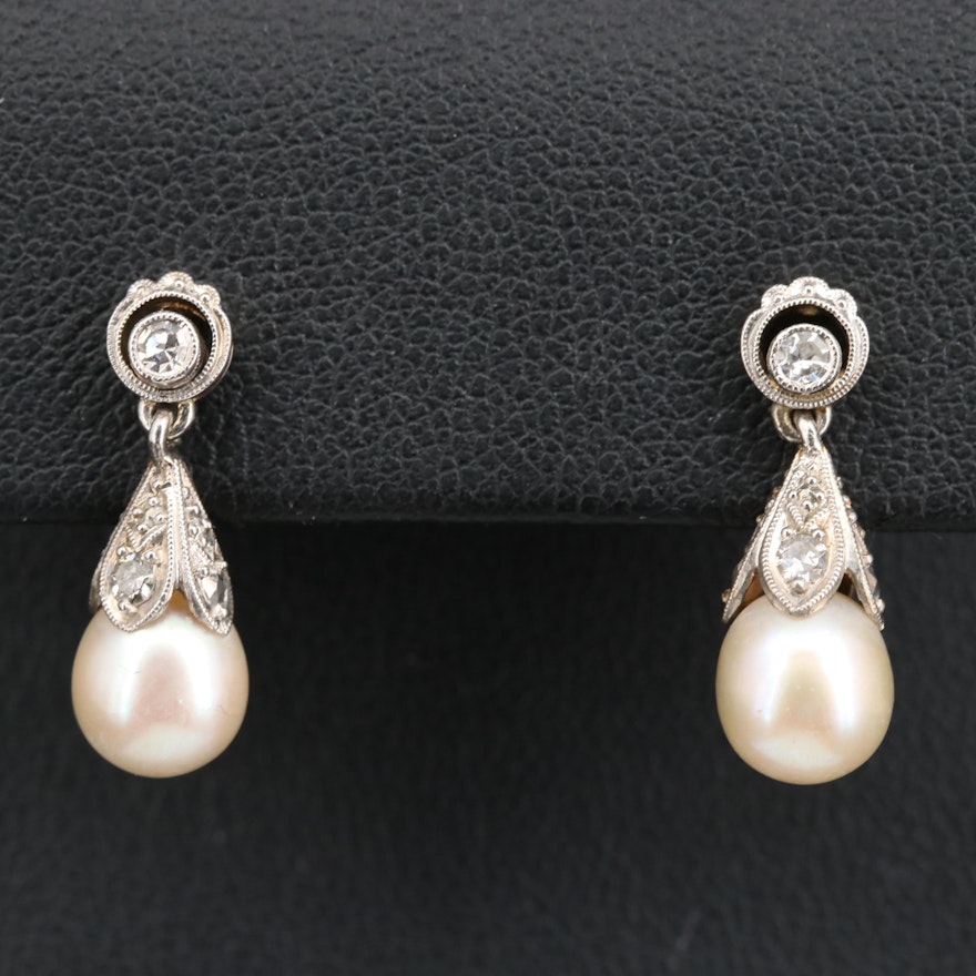 Circa 1940s Platinum Pearl and Diamond Dangle Earrings