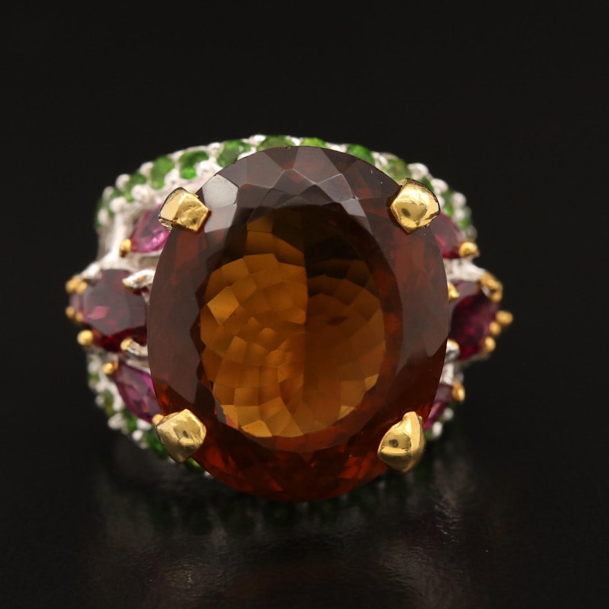 Sterling Silver Citrine, Garnet and Diopside Ring