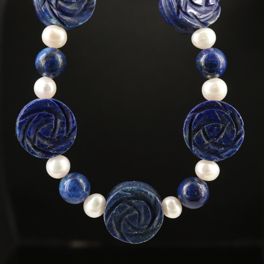 Carved Lapis Lazuli and Pearl Floral Motif Necklace with Sterling Clasp