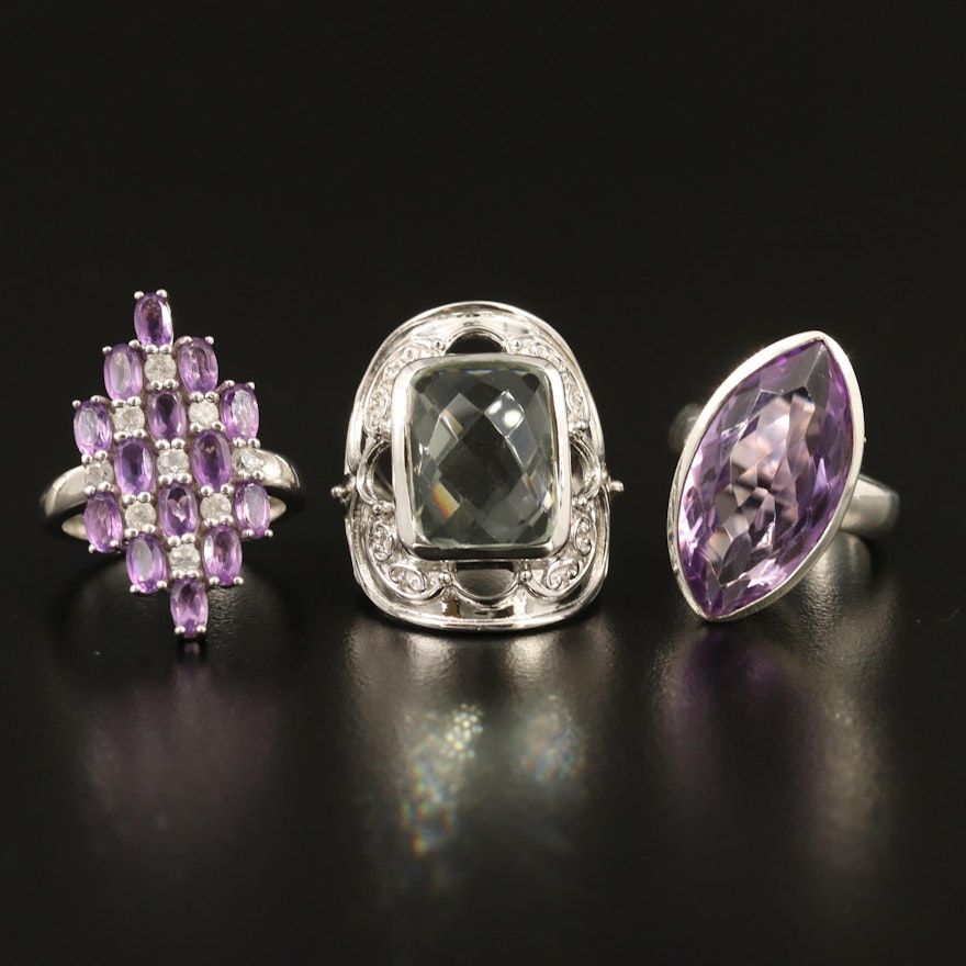 Selected Sterling Silver Amethyst, Prasiolite and Zircon Rings