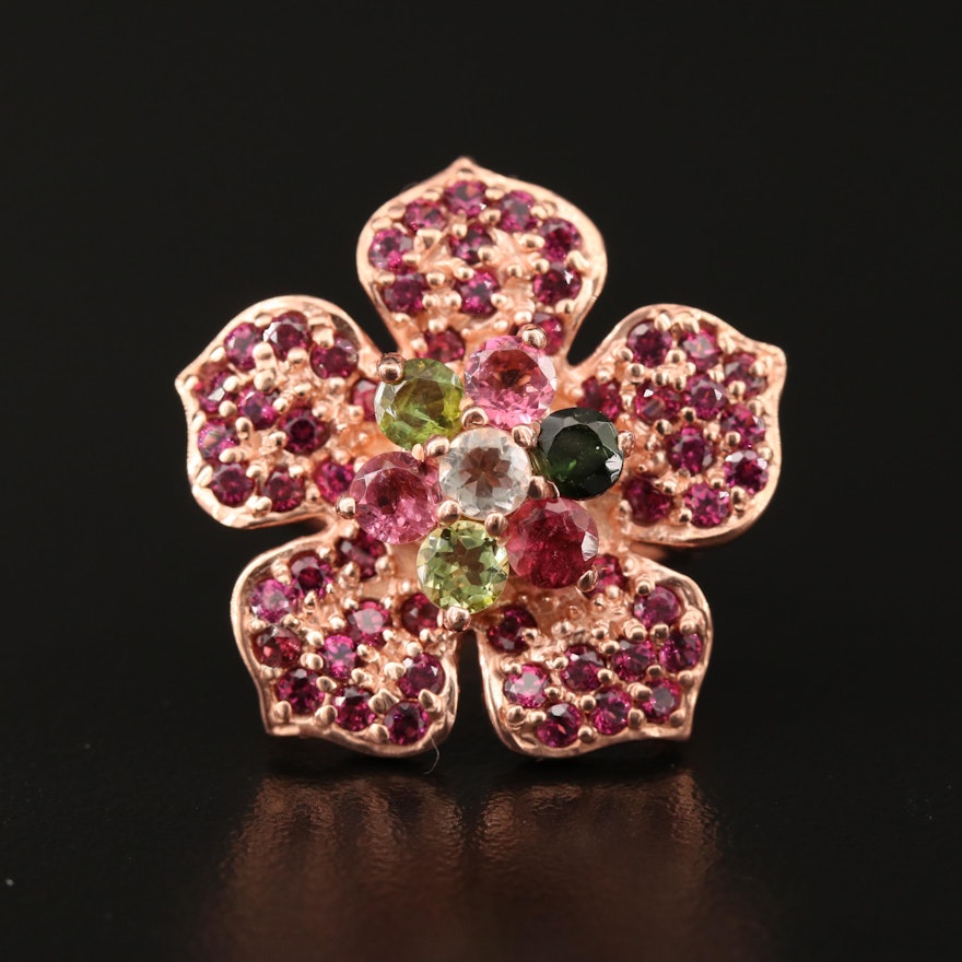 Sterling Tourmaline, Garnet and Peridot Flower Ring