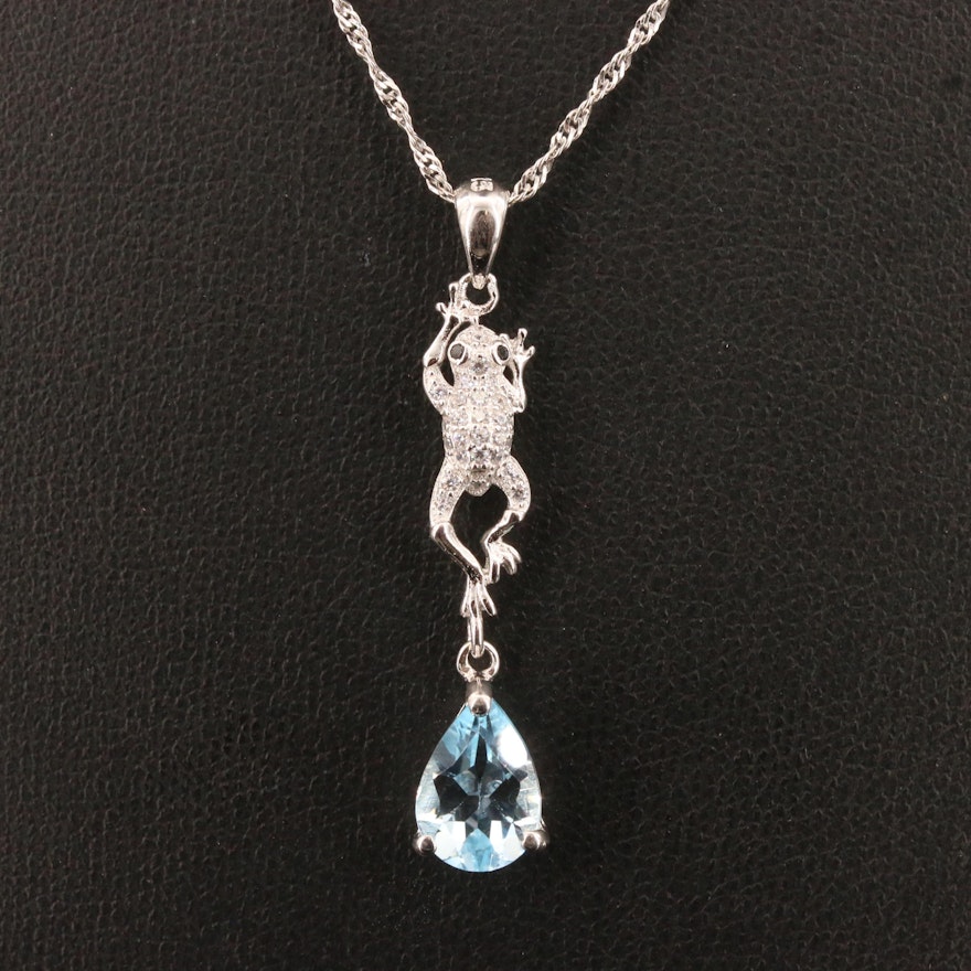 Sterling Topaz and Cubic Zirconia Frog Drop Pendant Necklace
