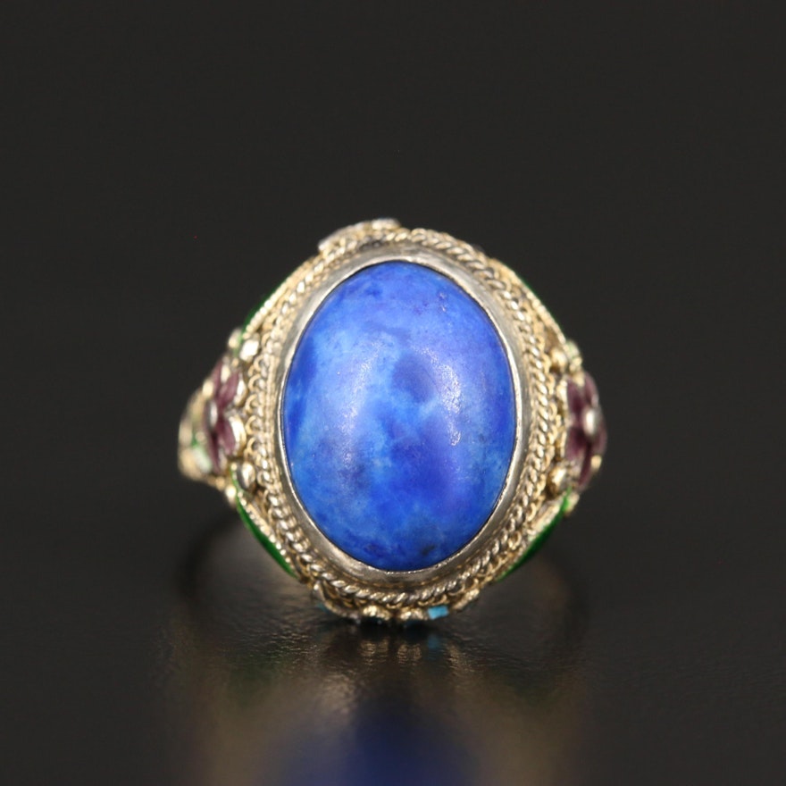 Sterling Lapis Lazuli and Enamel Floral Ring