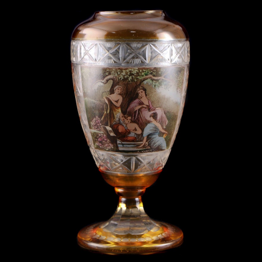 R. Wurtig Bohemian Style Flashed Glass Vase with Neoclassical Scene