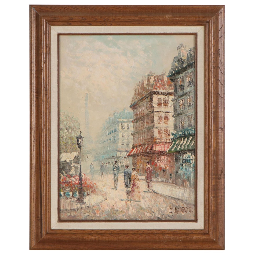 J. Bardot Parisian Street Scene Oil Painting, Mid to Late 20th Century