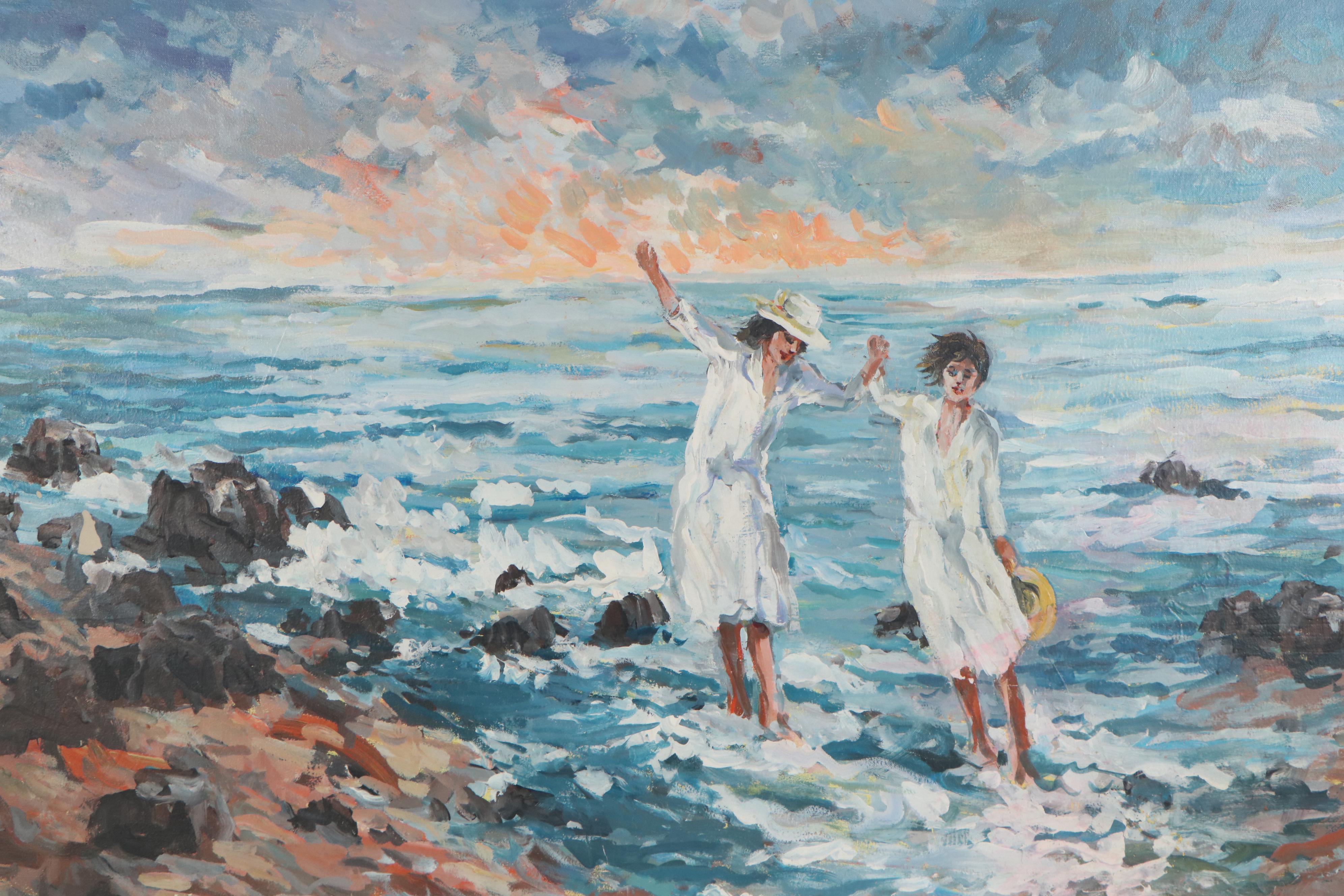 Bill Salamon Coastal Landscape with Figures Oil Painting, 20th Century