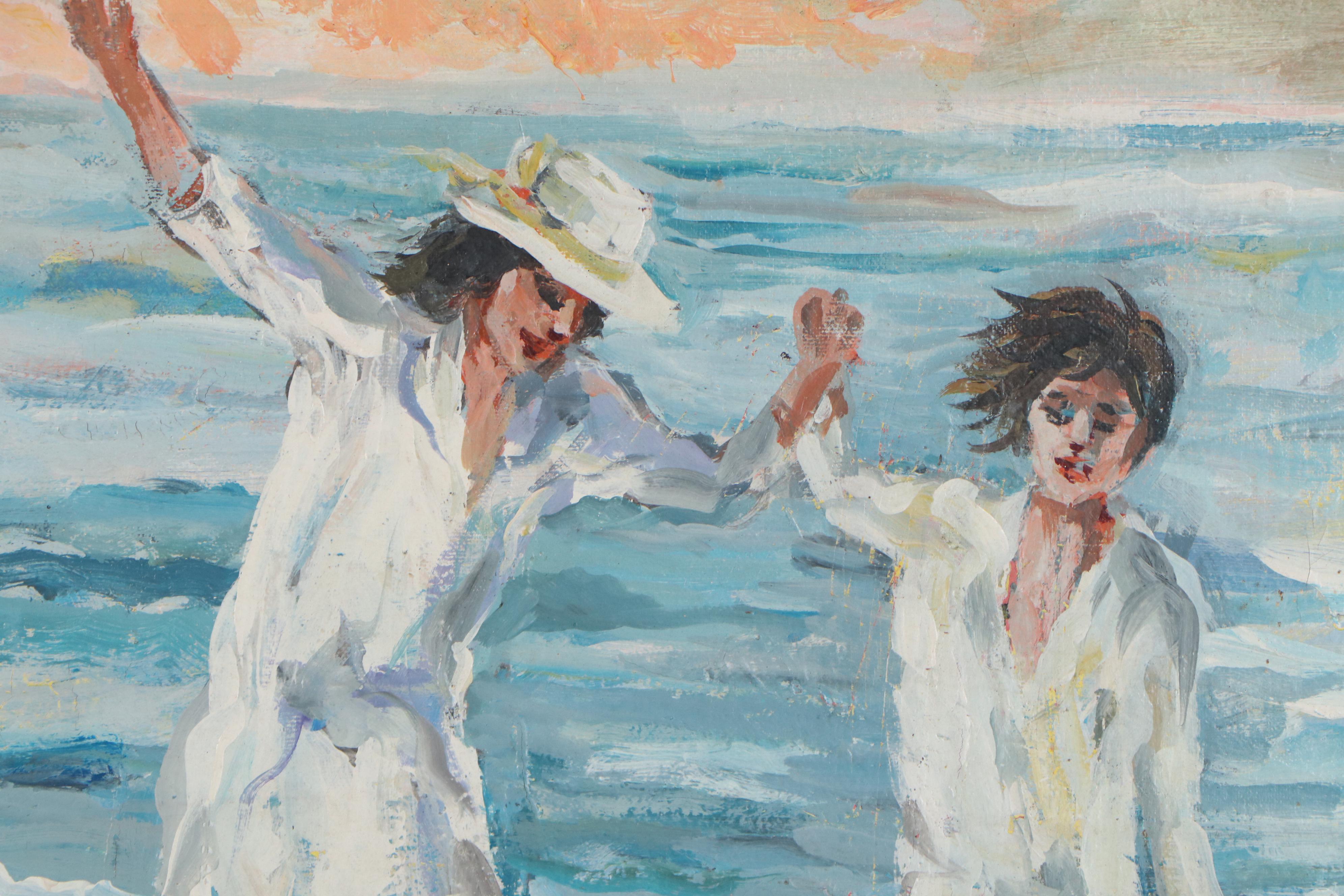 Bill Salamon Coastal Landscape with Figures Oil Painting, 20th Century