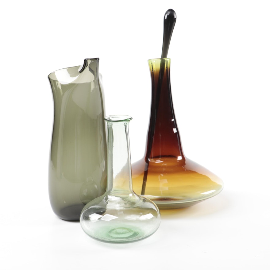 Mid Century Modern Blown Glass Vases and Martini Pitcher with Stirrer