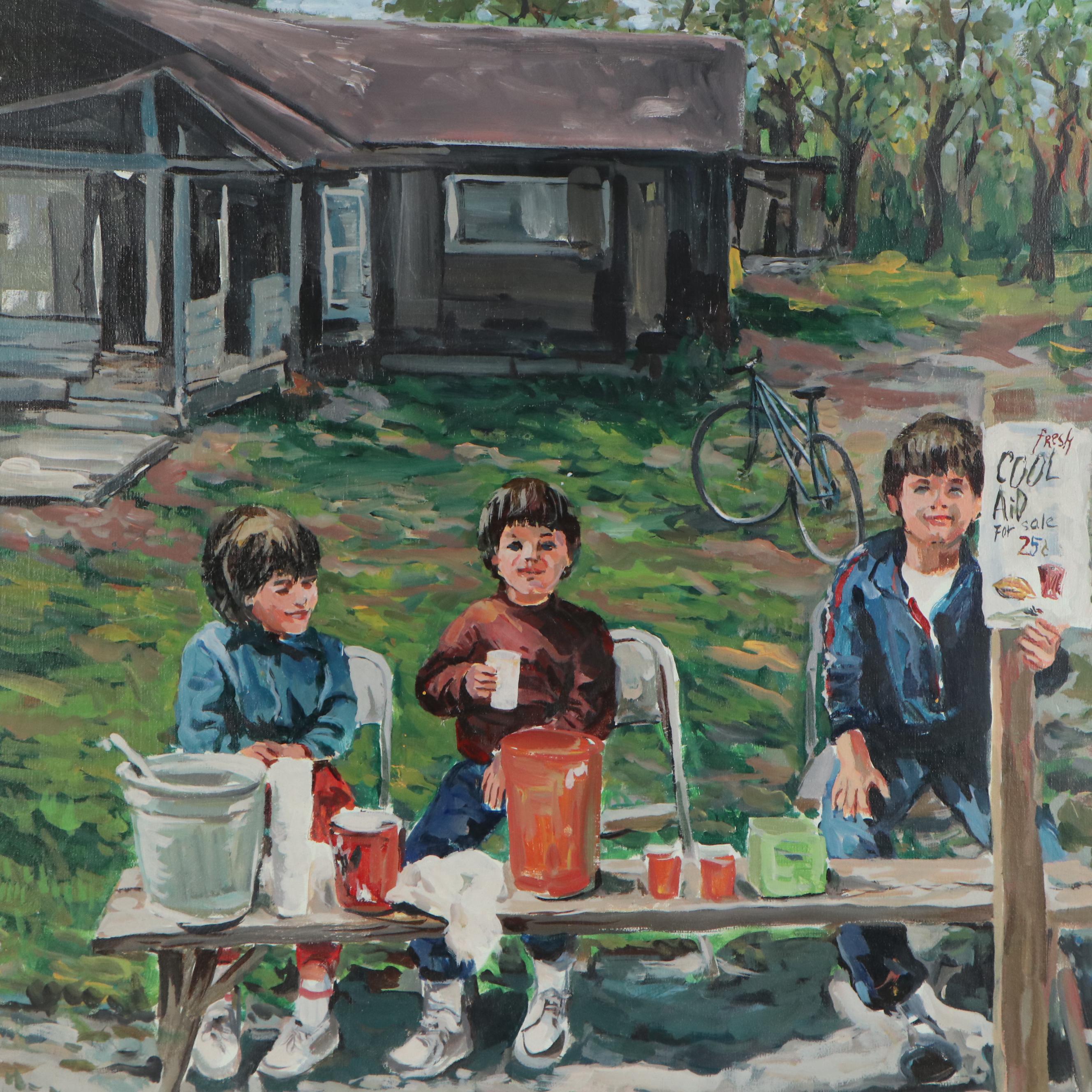 Bill Salamon Oil Painting of Children Selling Drinks, Late 20th Century