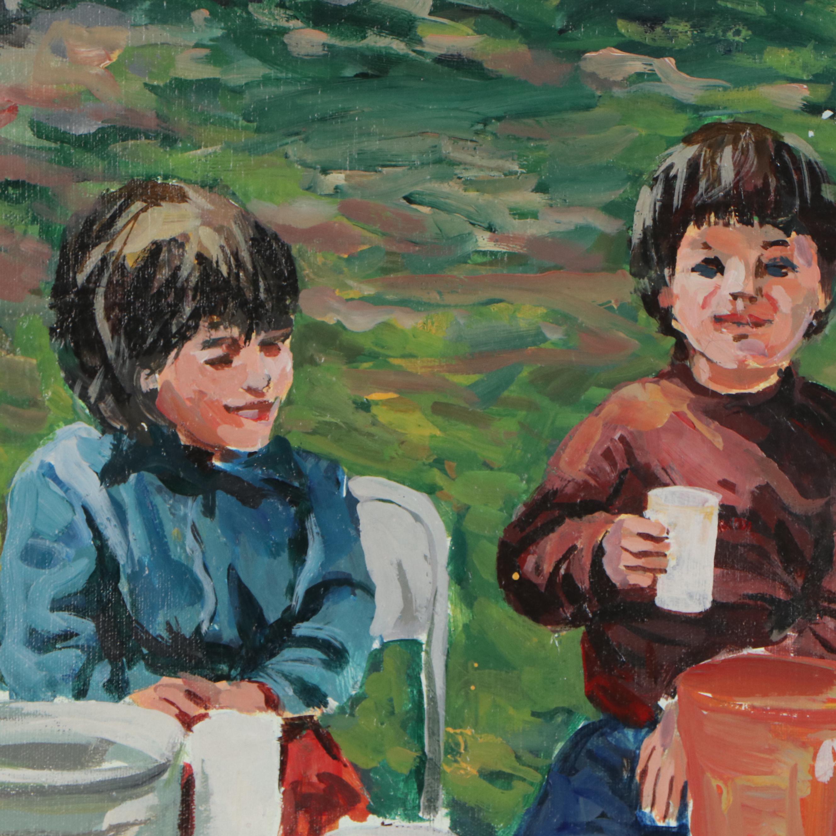 Bill Salamon Oil Painting of Children Selling Drinks, Late 20th Century