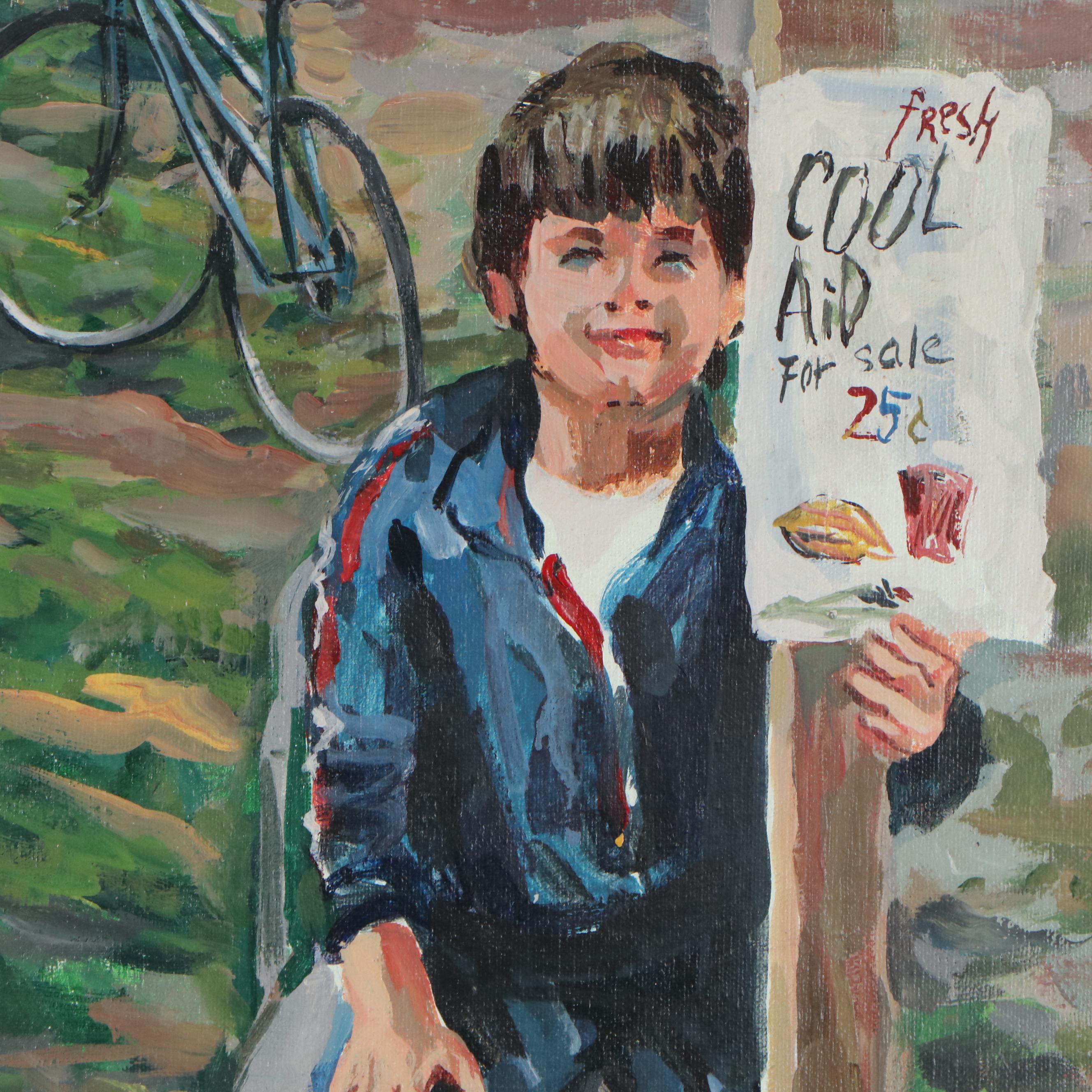 Bill Salamon Oil Painting of Children Selling Drinks, Late 20th Century