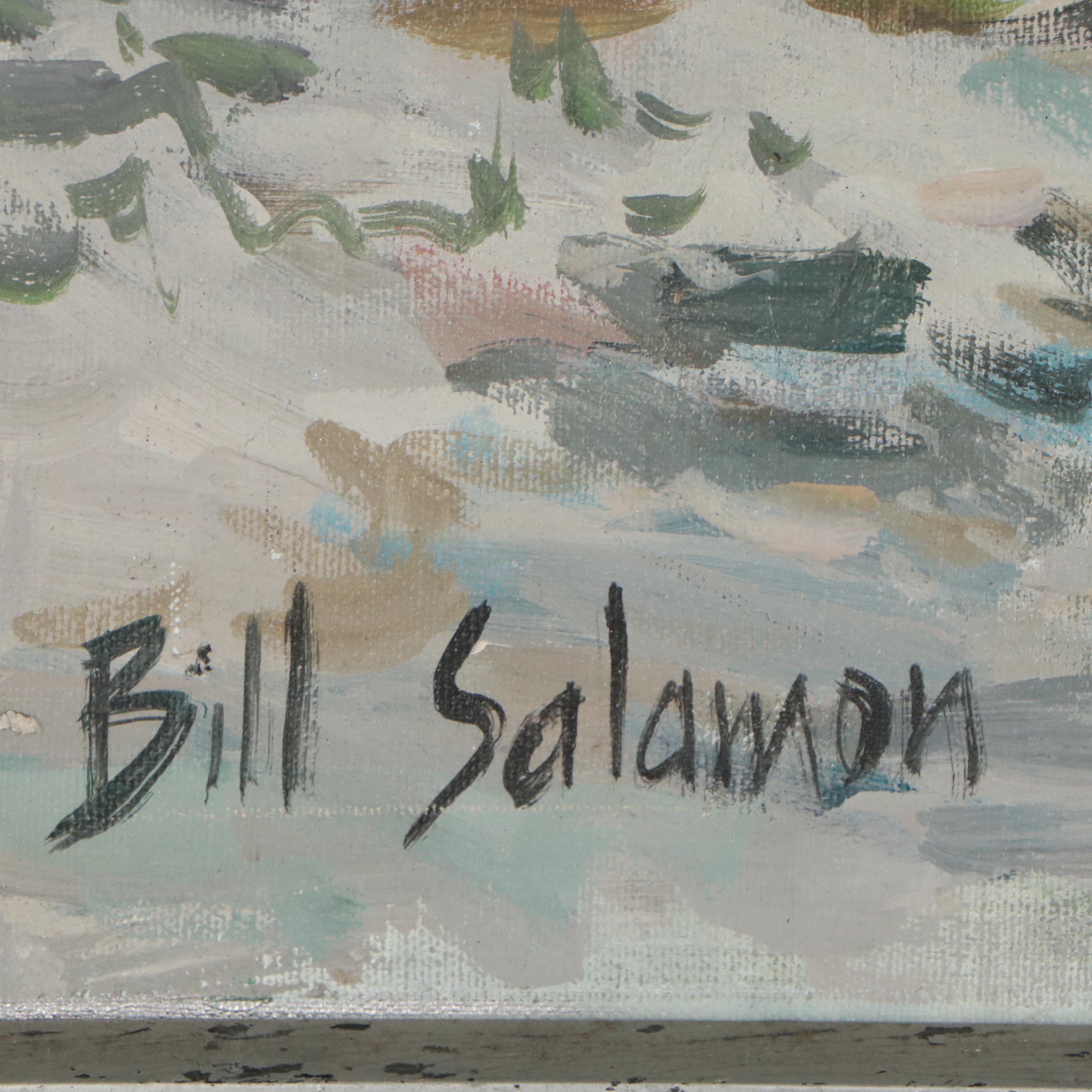 Bill Salamon Oil Painting of Children Selling Drinks, Late 20th Century