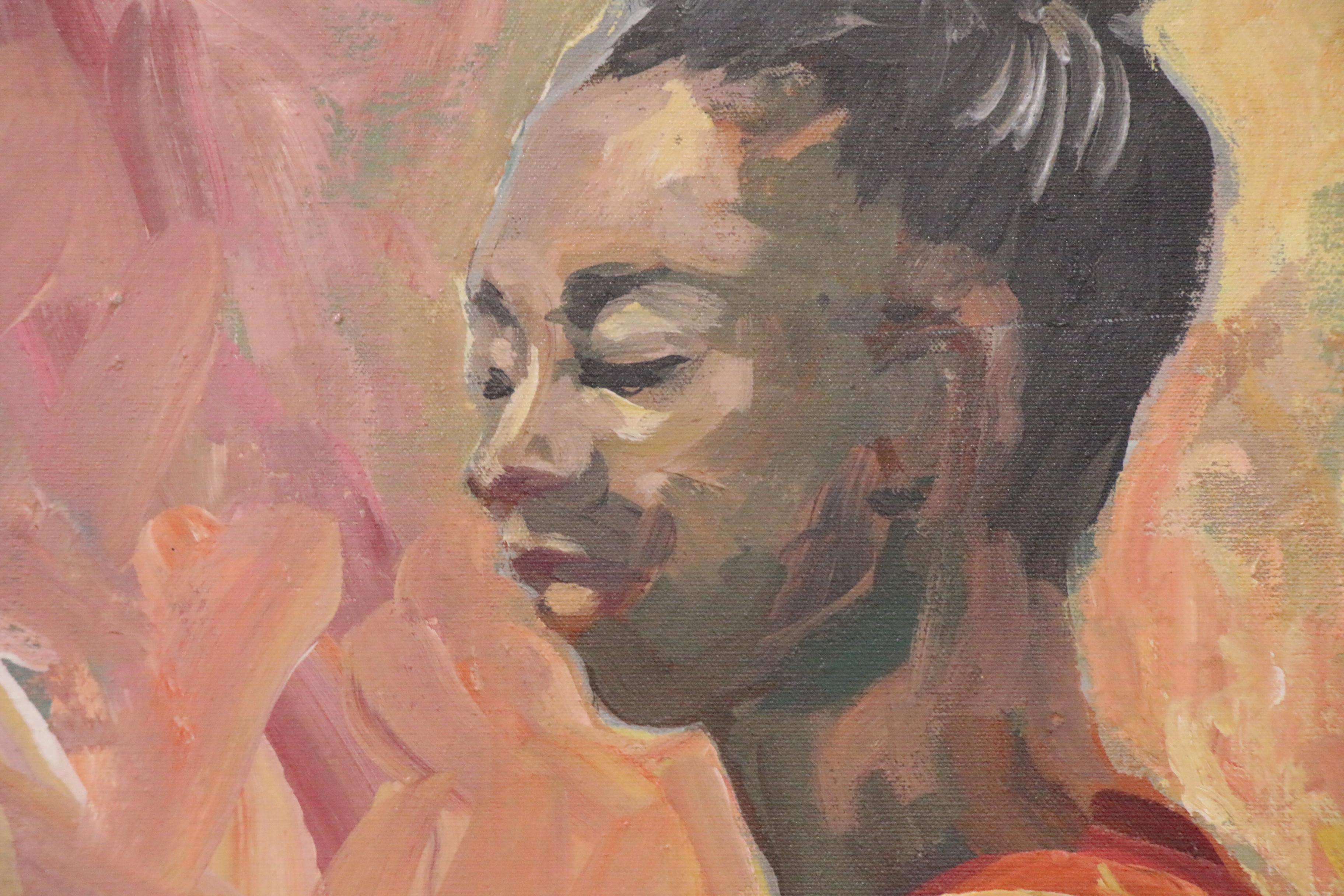 Bill Salamon Oil Painting of Two Women in Meditation, 20th Century