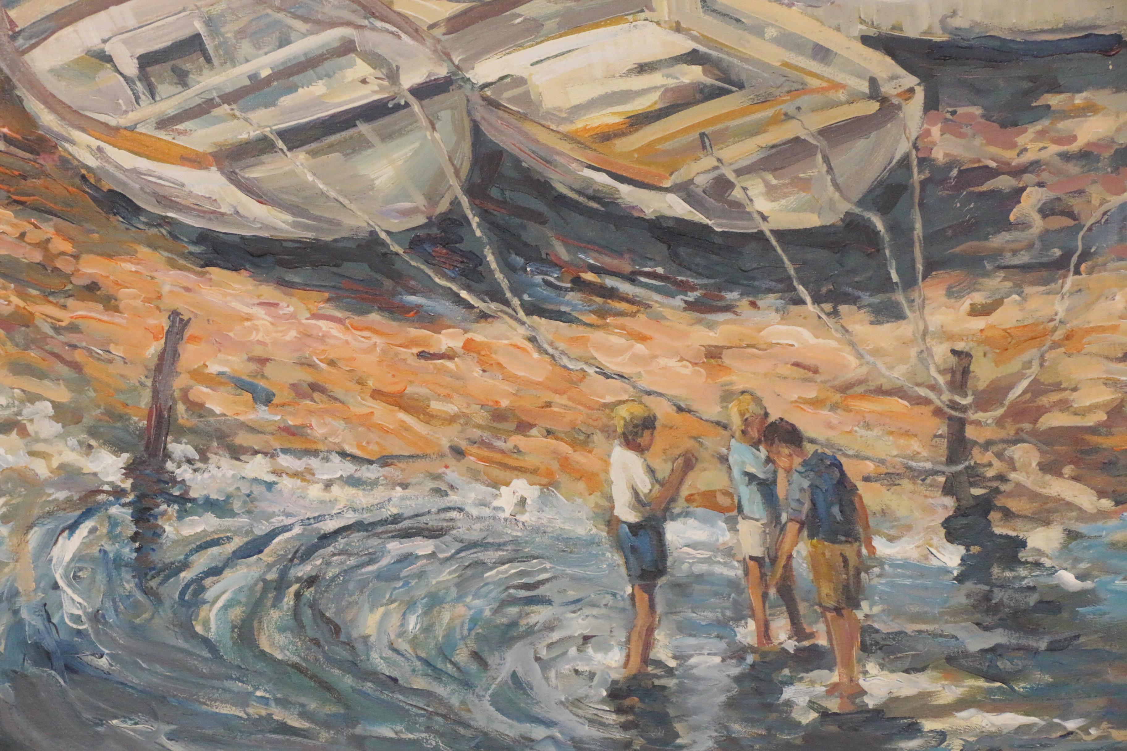 Bill Salamon Acrylic Painting of Row Boats on Shore, Late 20th Century