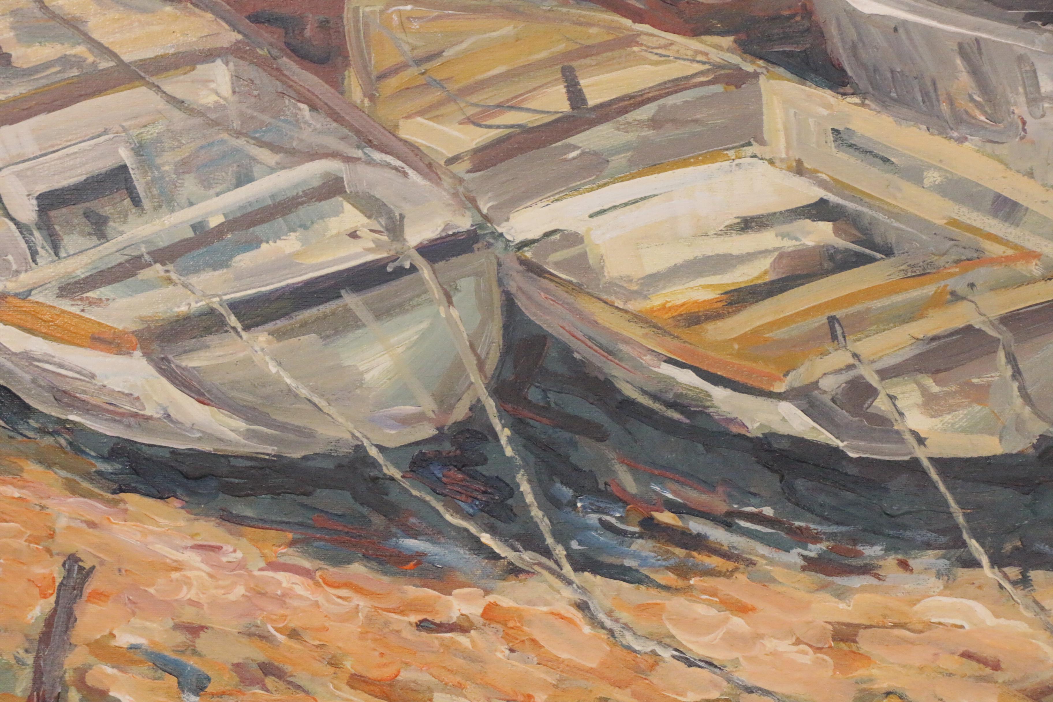 Bill Salamon Acrylic Painting of Row Boats on Shore, Late 20th Century