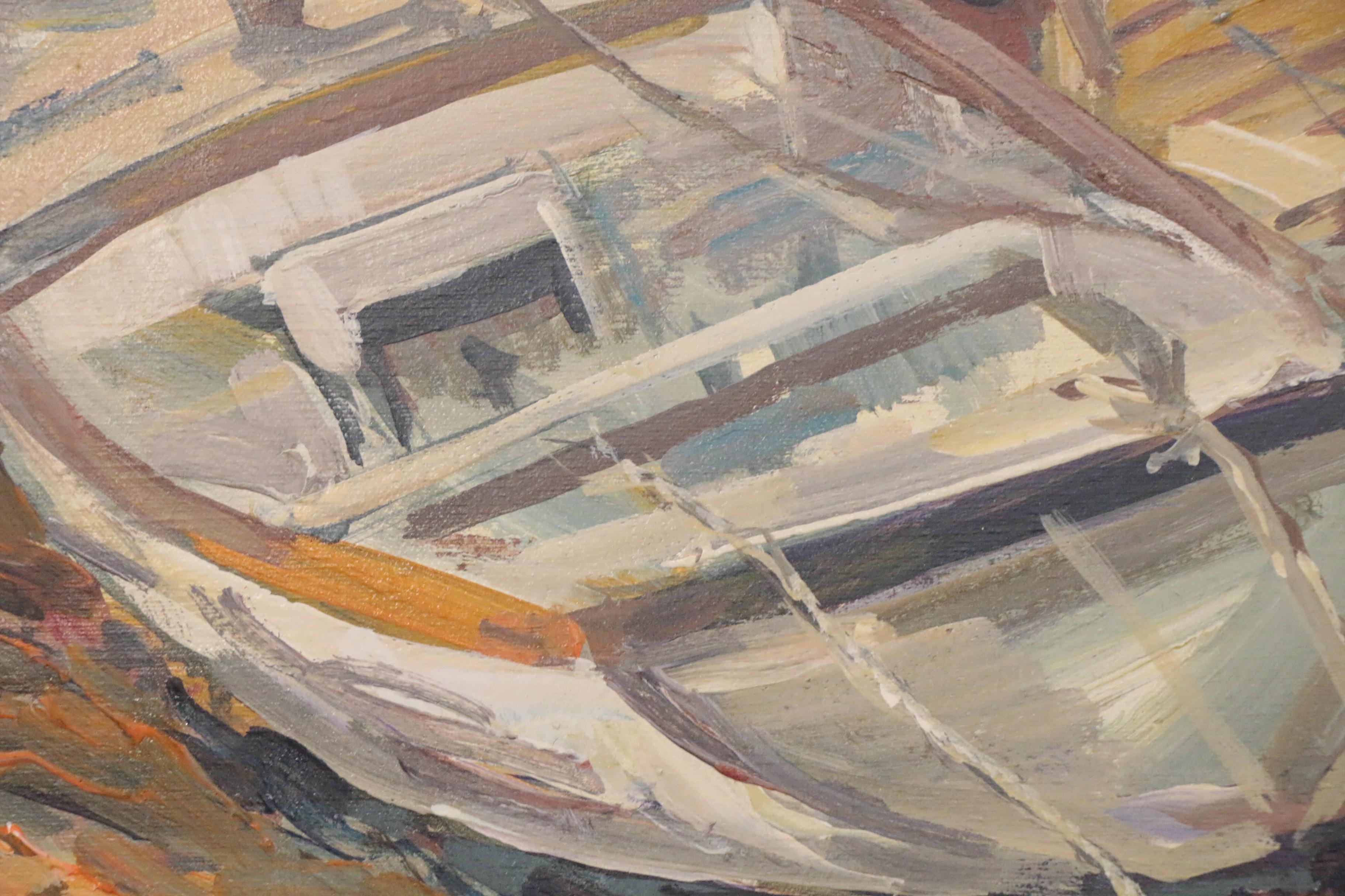 Bill Salamon Acrylic Painting of Row Boats on Shore, Late 20th Century