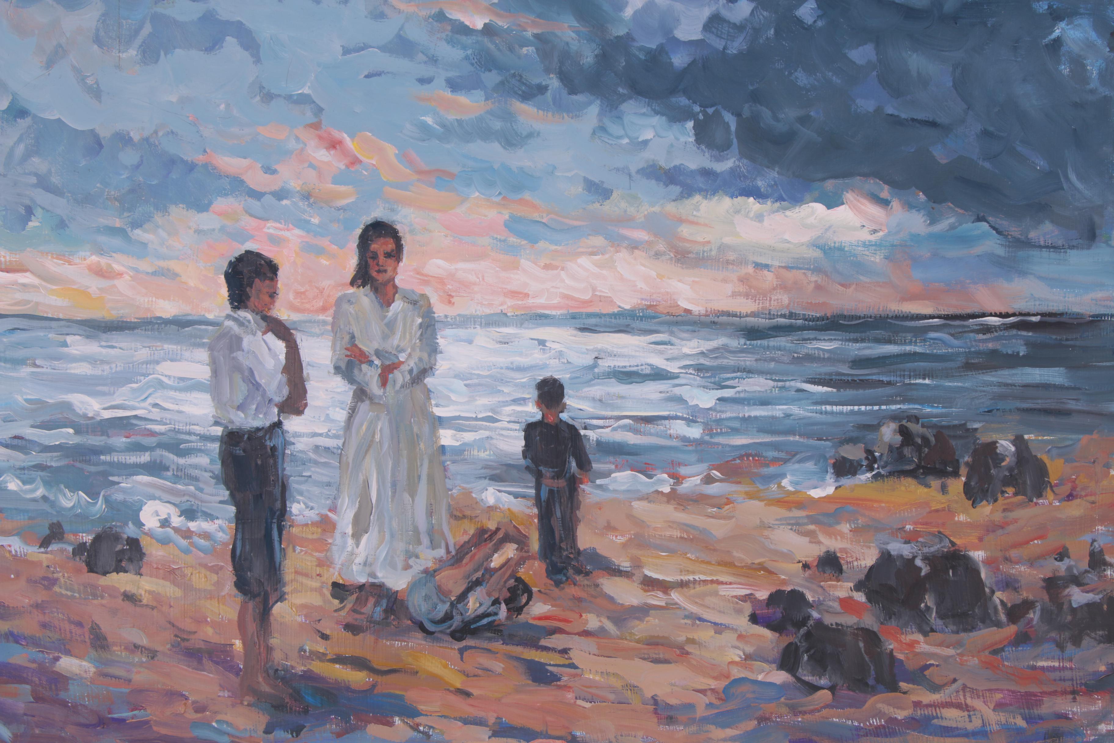 Bill Salamon Oil Painting of Coastal Scene at Sunset with Figures