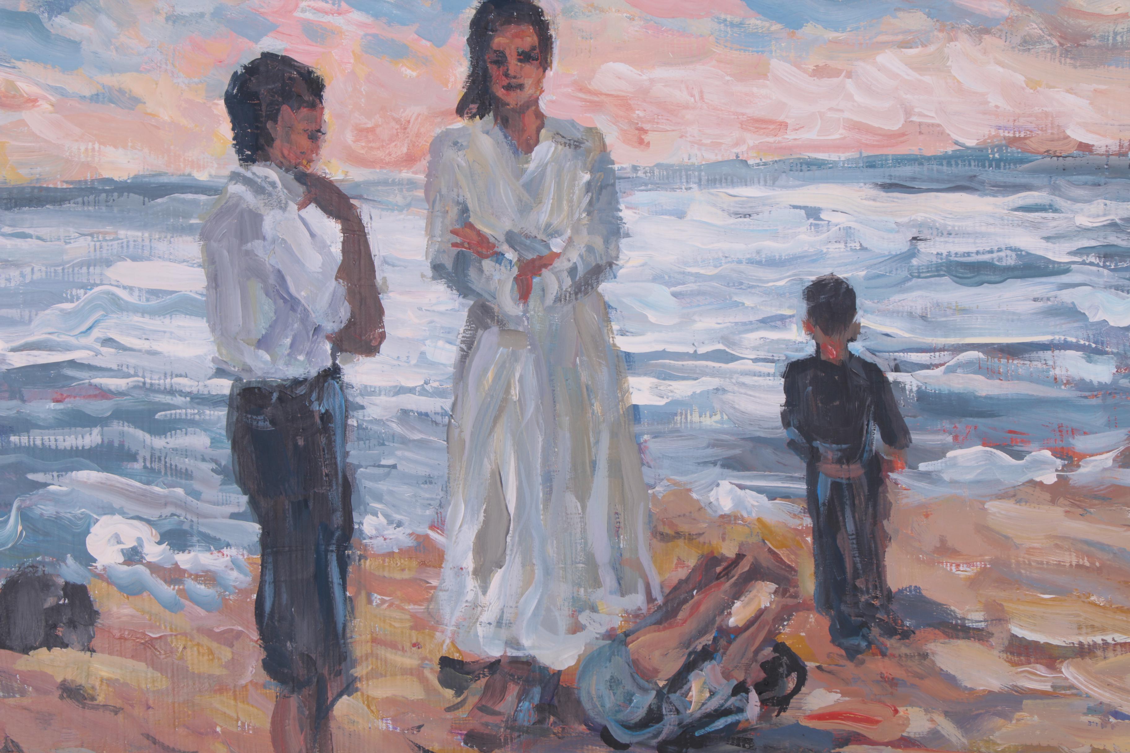 Bill Salamon Oil Painting of Coastal Scene at Sunset with Figures