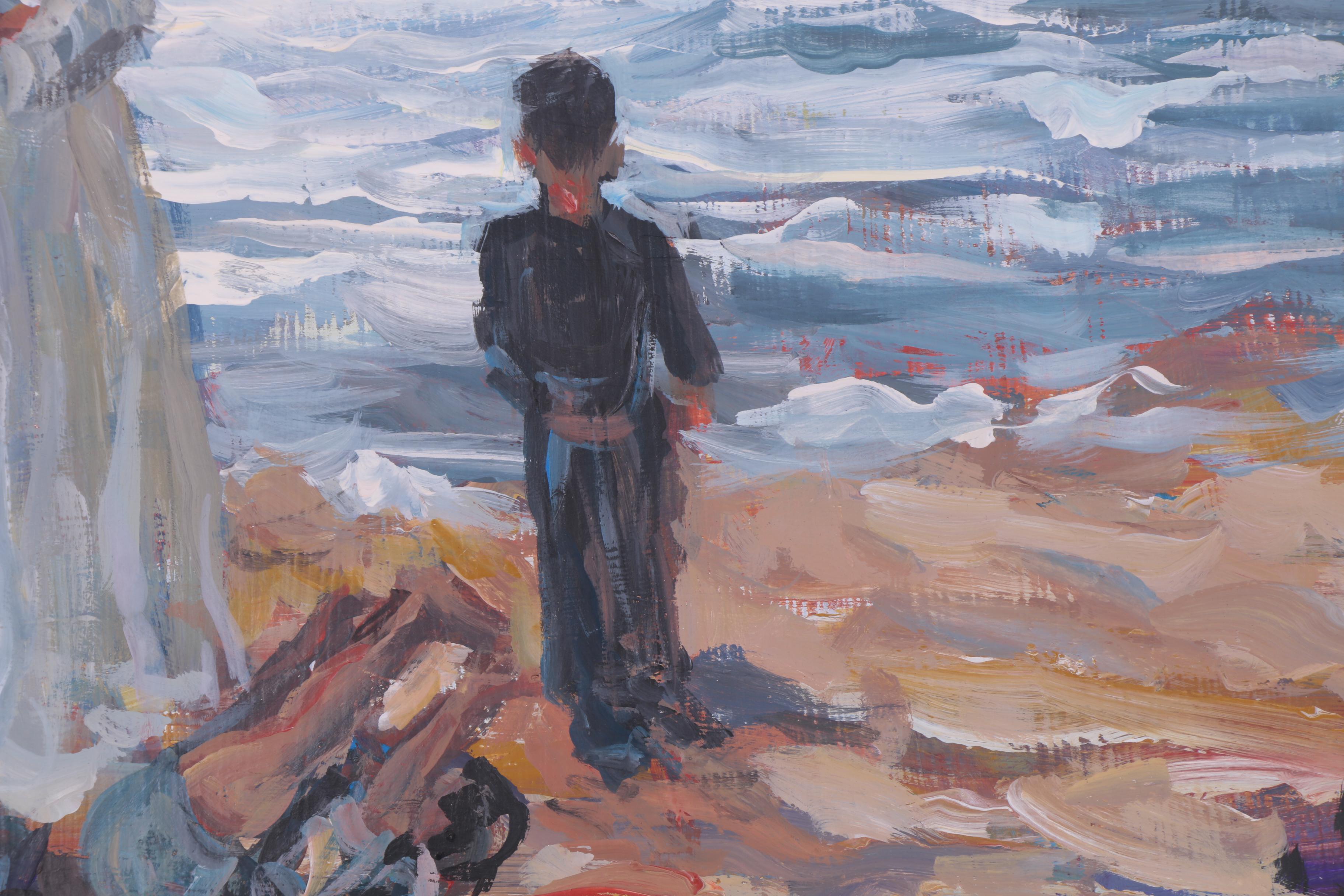 Bill Salamon Oil Painting of Coastal Scene at Sunset with Figures