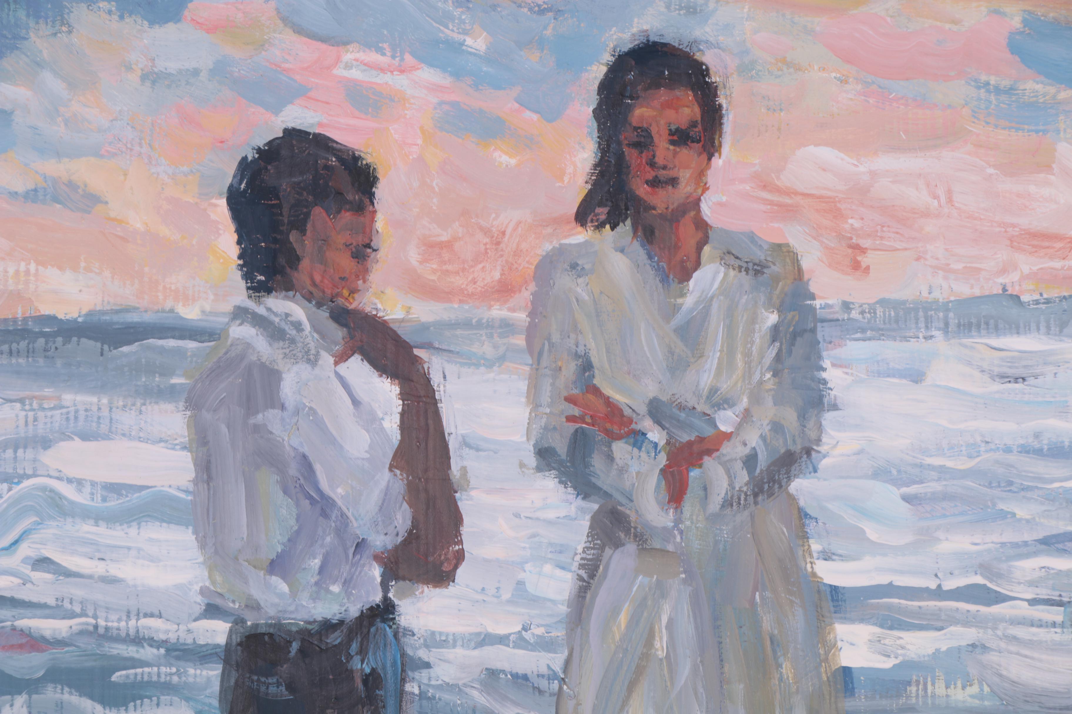 Bill Salamon Oil Painting of Coastal Scene at Sunset with Figures