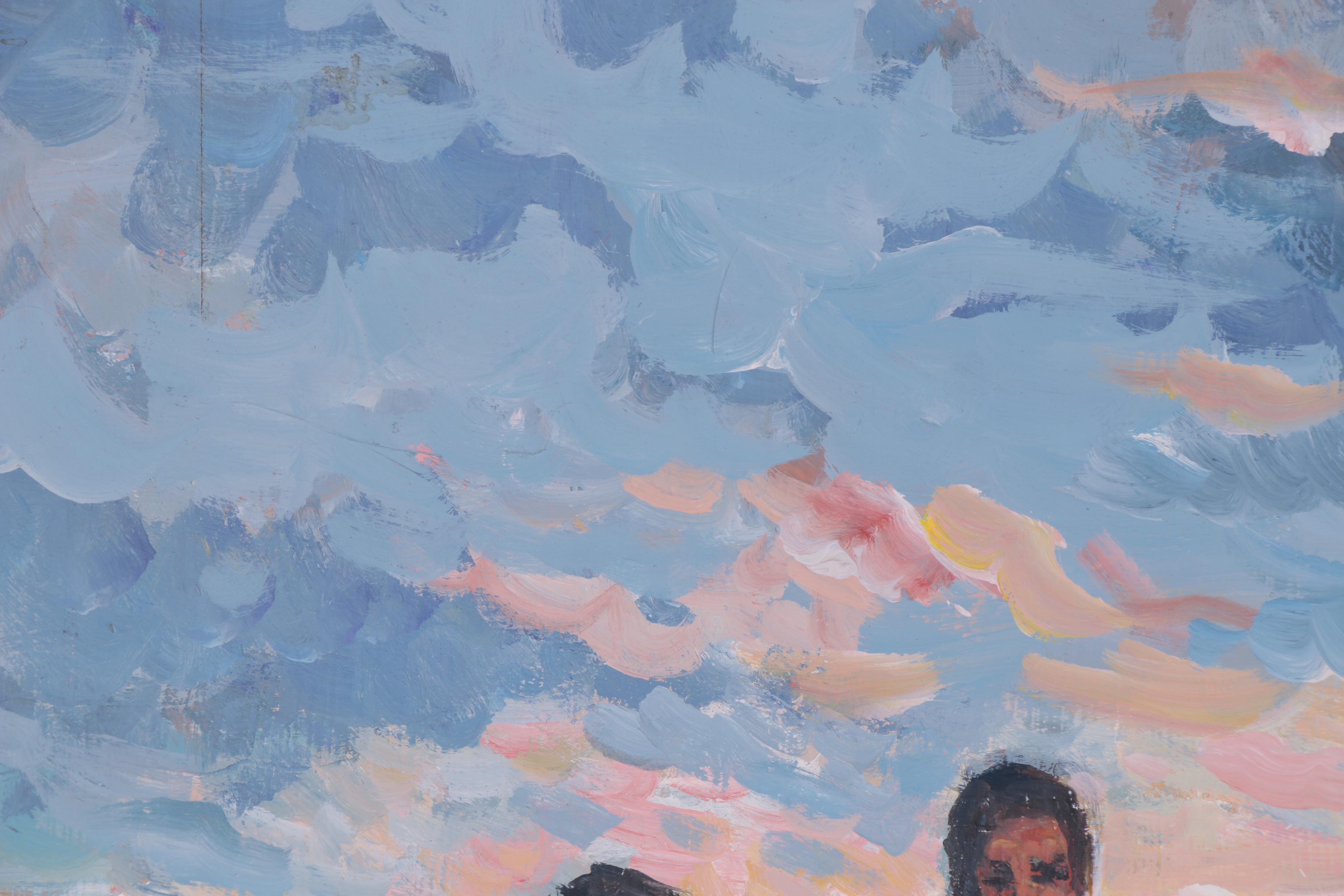 Bill Salamon Oil Painting of Coastal Scene at Sunset with Figures