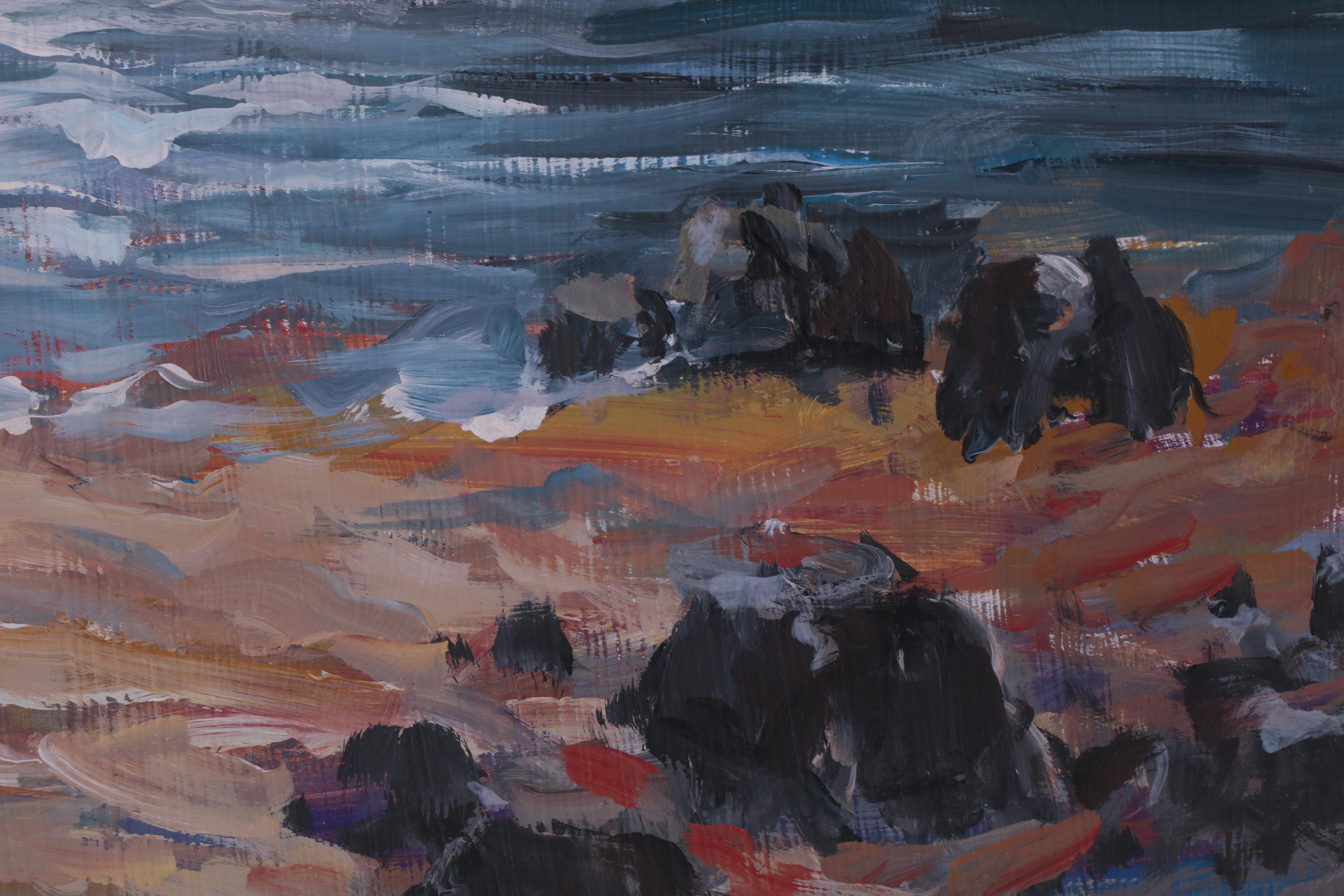 Bill Salamon Oil Painting of Coastal Scene at Sunset with Figures