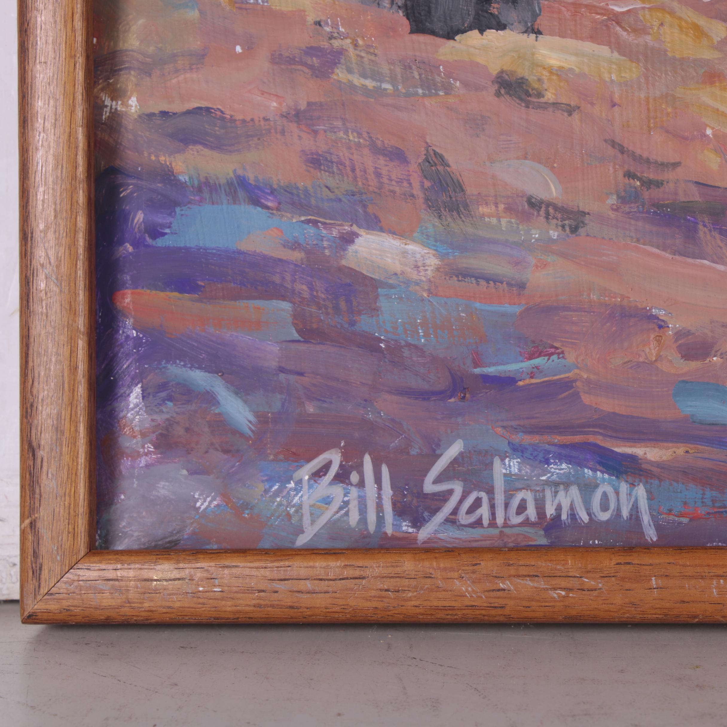 Bill Salamon Oil Painting of Coastal Scene at Sunset with Figures