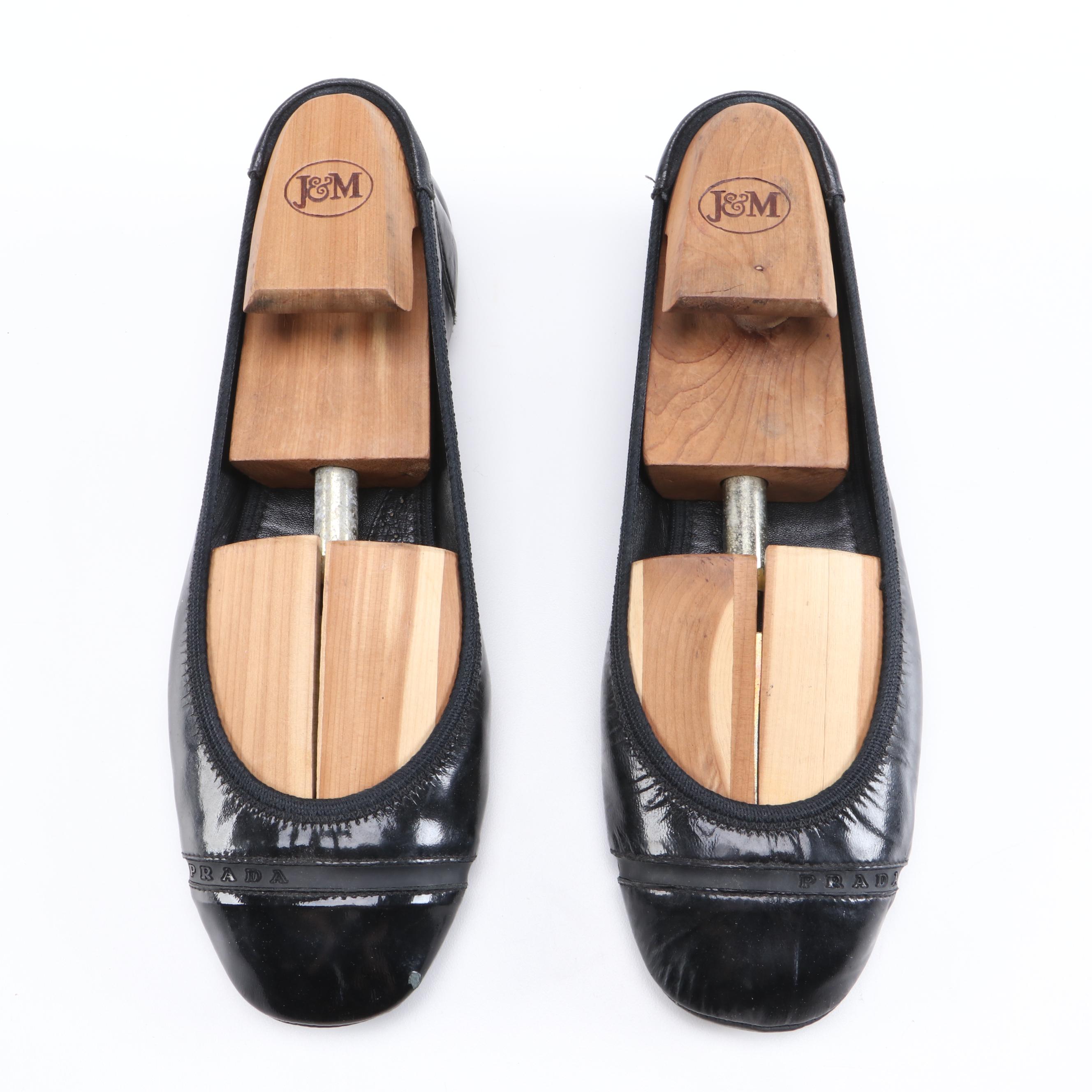 Prada Sport Glazed Black Leather Ballet Flats
