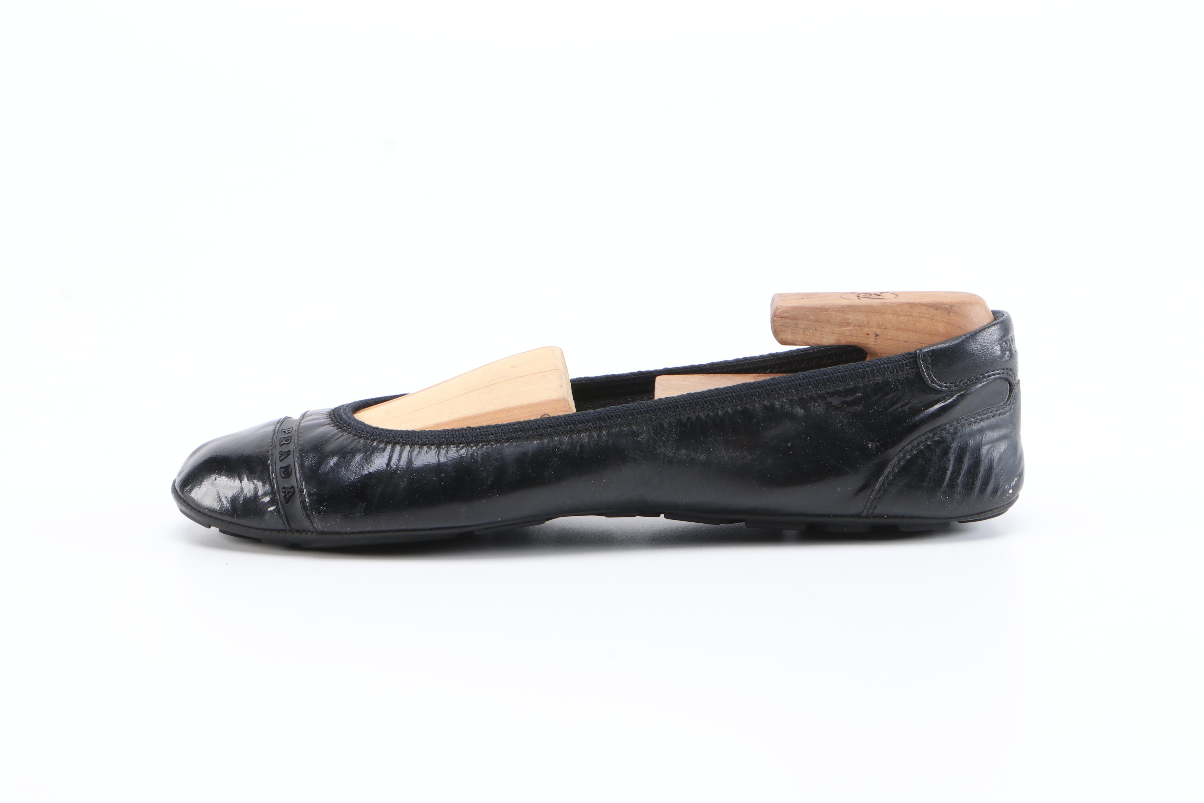 Prada Sport Glazed Black Leather Ballet Flats