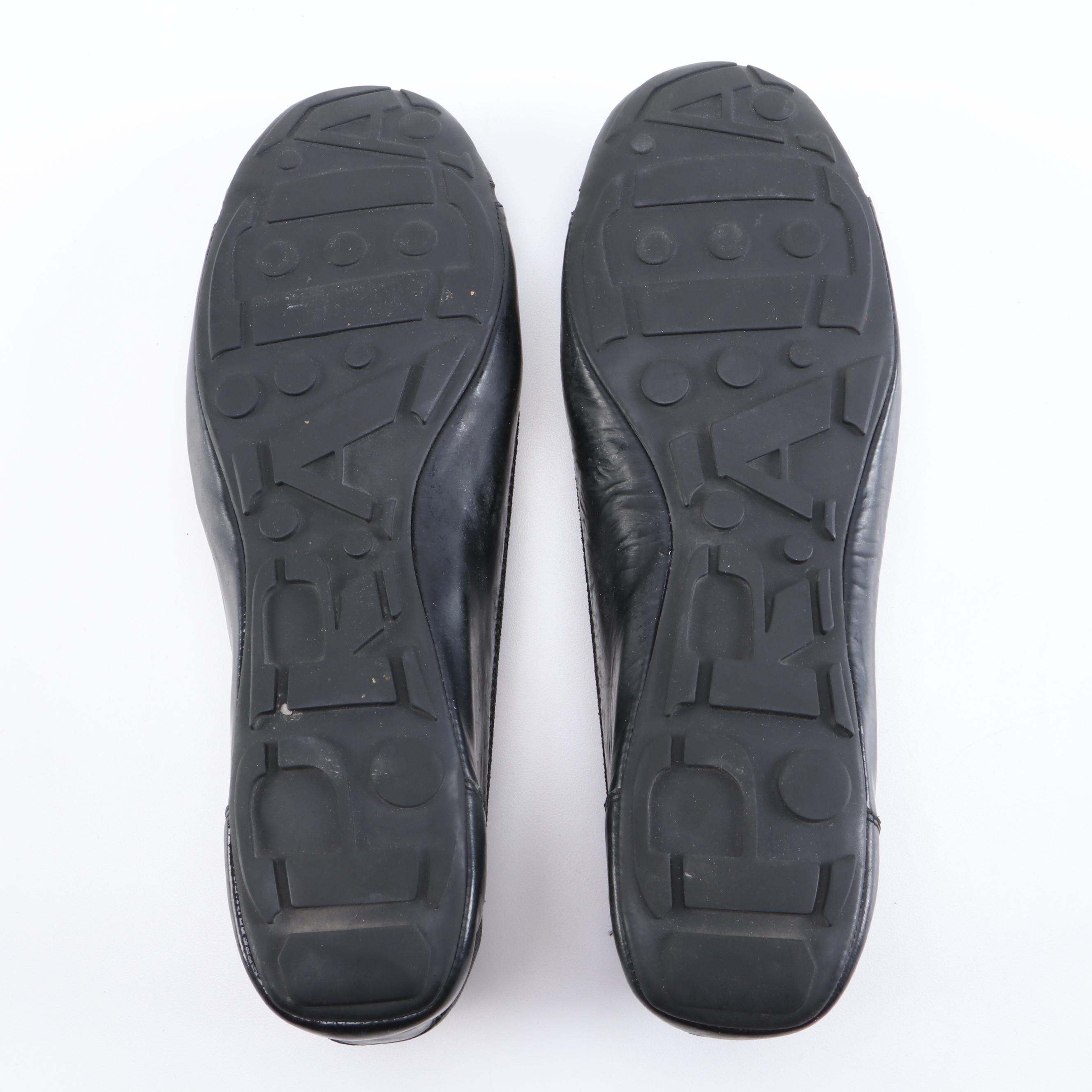 Prada Sport Glazed Black Leather Ballet Flats