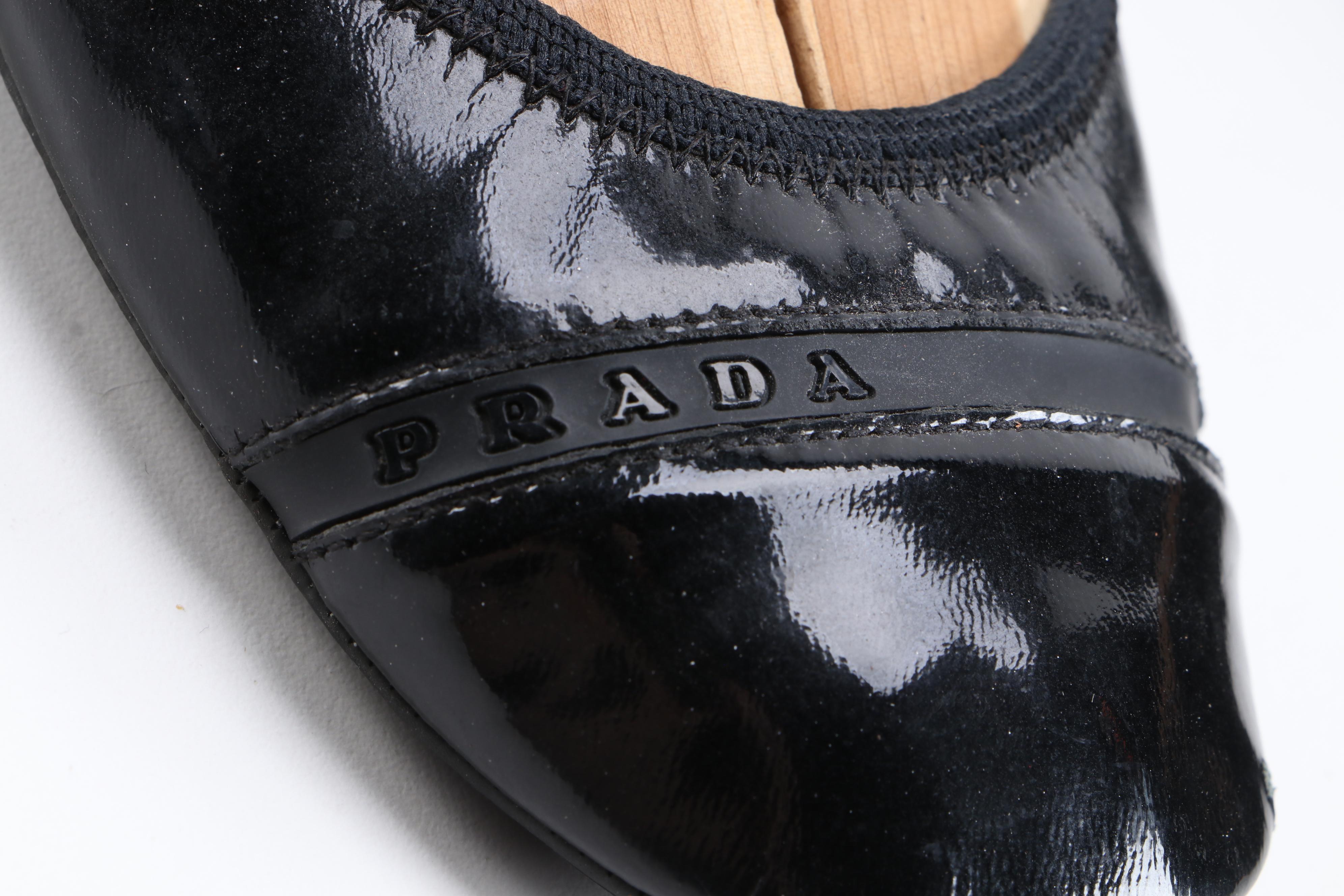 Prada Sport Glazed Black Leather Ballet Flats