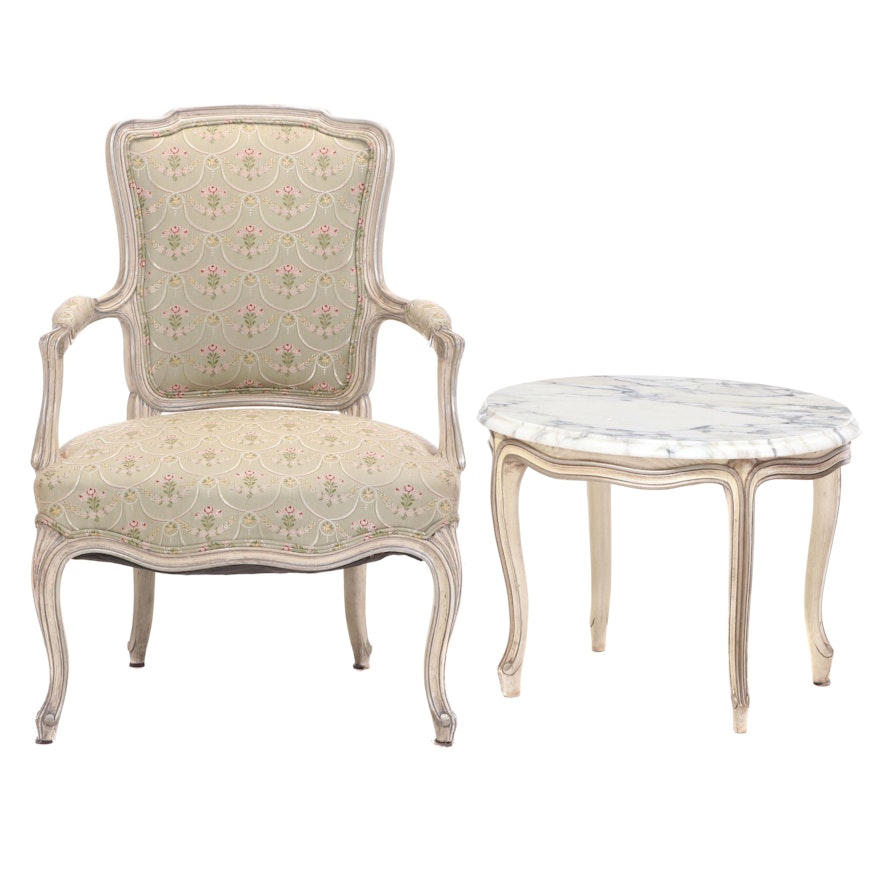 Louis XV Style Cream-Painted and Silver Gilt Fauteuil and Marble Top Side Table