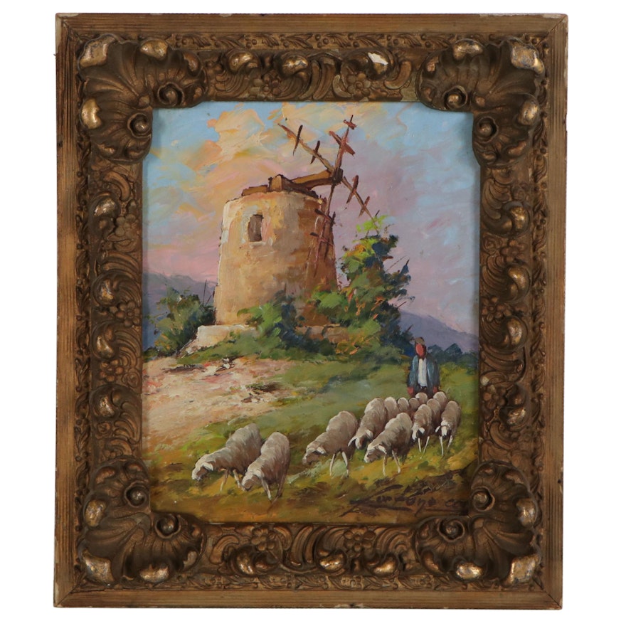 Landscape Oil Painting of Shepherd and Flock, Mid to Late 20th Century