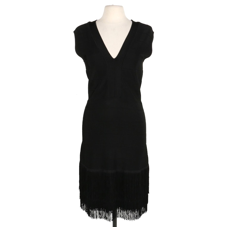 Venus V-Neck Black Knit Bodycon Dress with Fringed Hemline