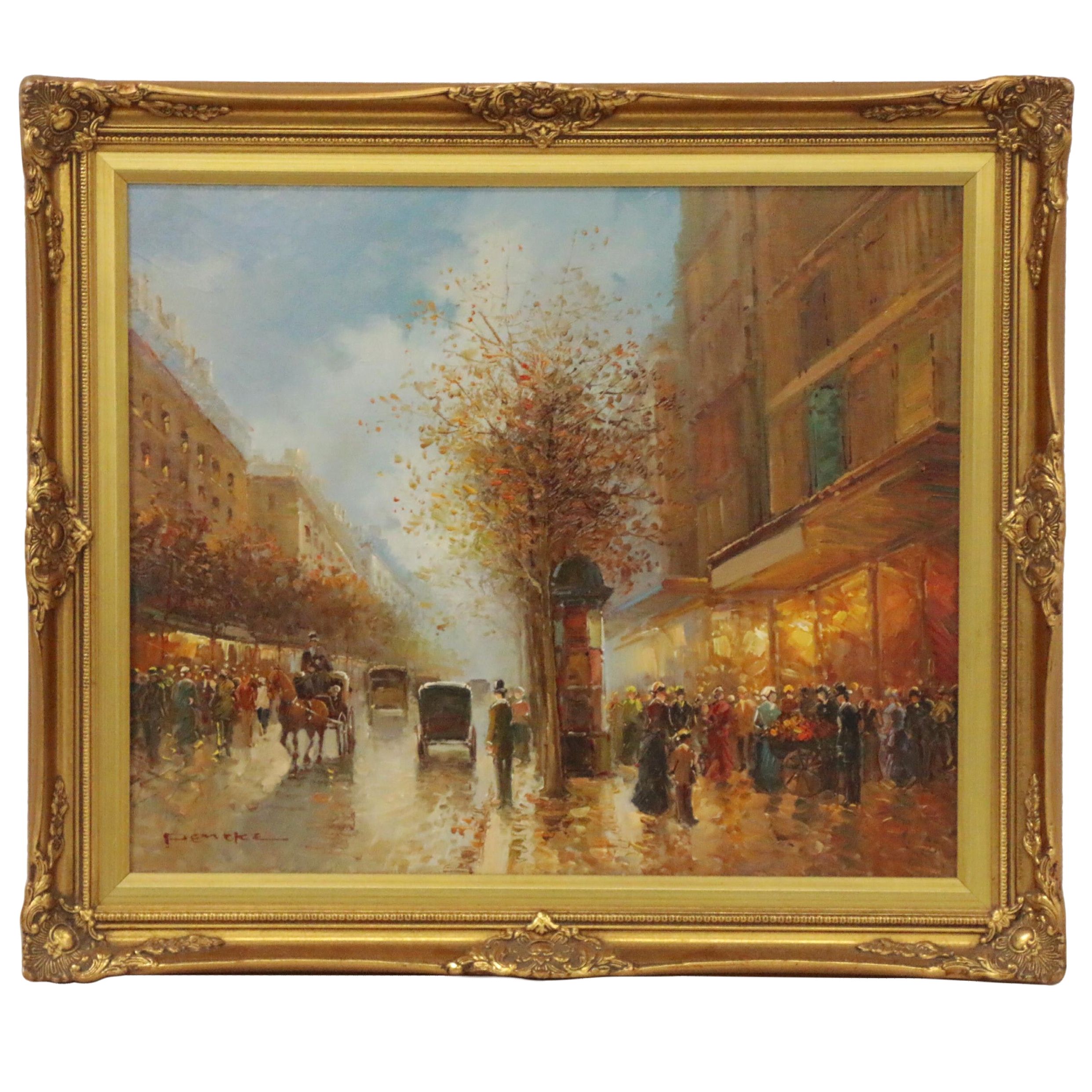 T.E. Pencke Parisian Street Scene Oil Painting, Late 20th Century