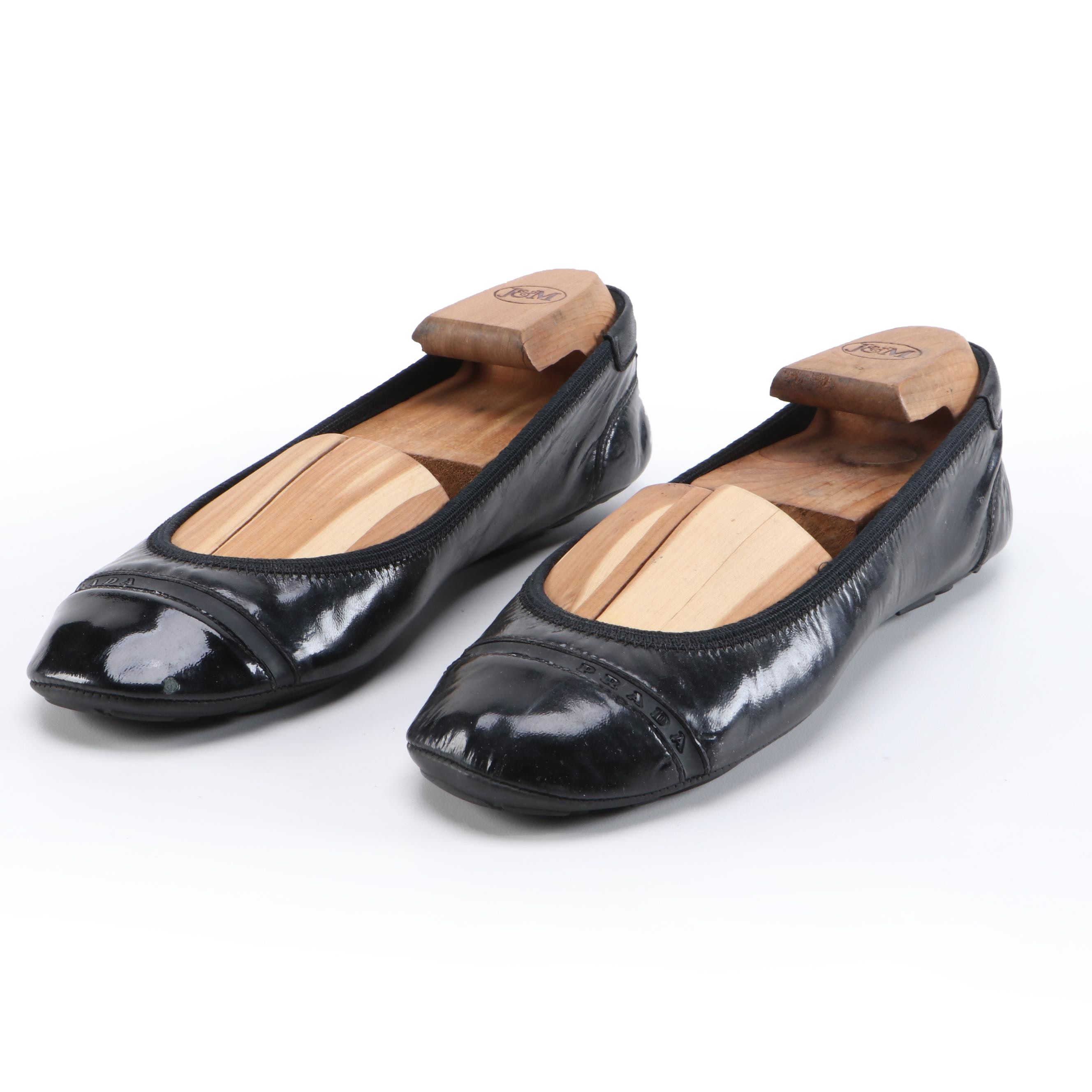 Prada Sport Glazed Black Leather Ballet Flats