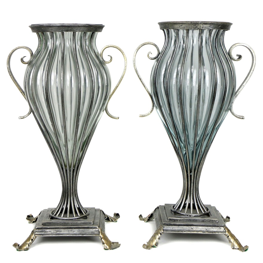 Pair of David A. Millett Metal and Glass Urns