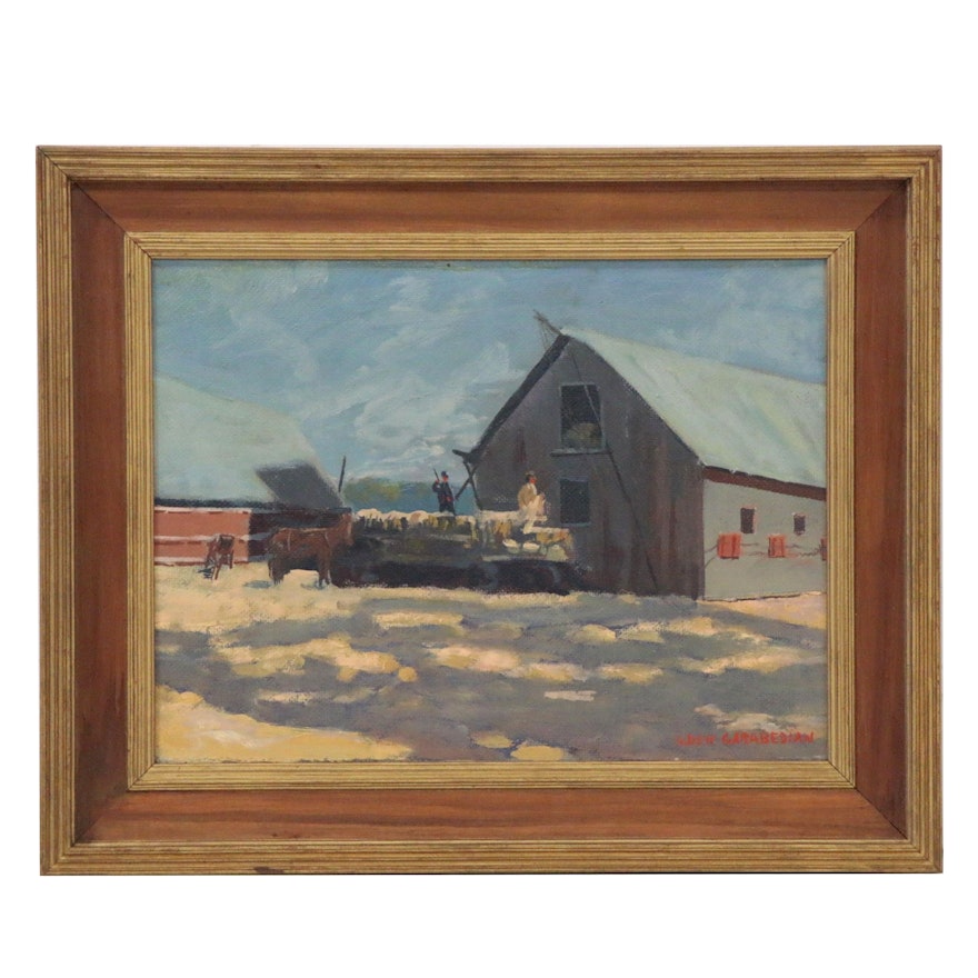 Giragos Der Garabedian Oil Painting of a Farm Scene, Mid 20th Century