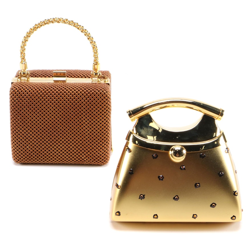 Two-Way Evening Bags in Embellished Gold Tone Metal and Copper Tone Mesh